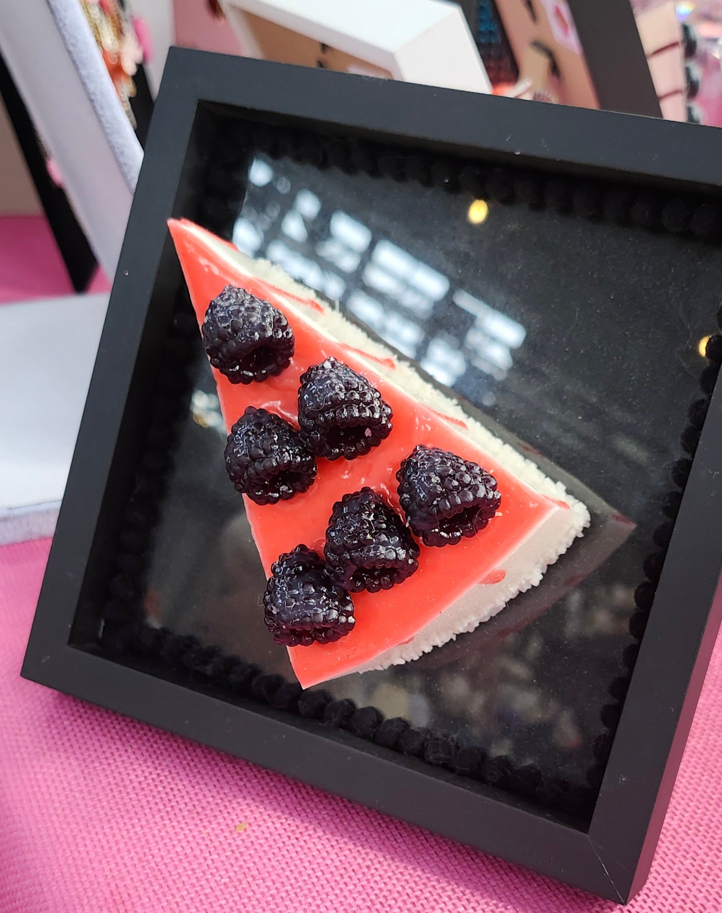Framed Large 3D Realistic Slice of Blackberry Cake Gateau