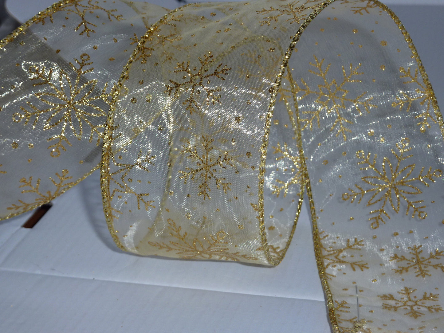 Wire Edged Festive Sheer Gold Glitter Snowflake Ribbon 63mm Wide x 1 Metre