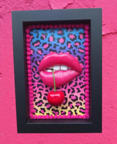 3D Box Framed Pop Art Cherry Pink Lips & Multicoloured Leopard Picture