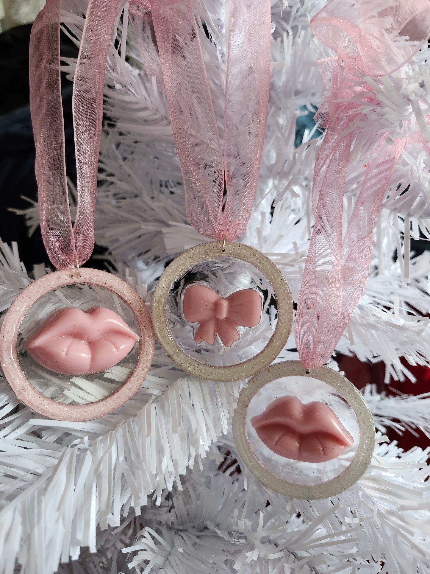 Set of 3 Hanging Lips & bow Christmas Tree Ornaments