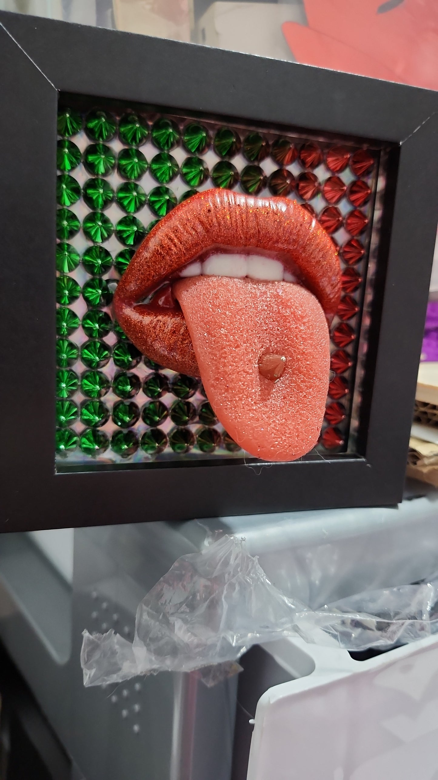 3D Lips & Tongue RAINBOW STUDS wall art picture framed