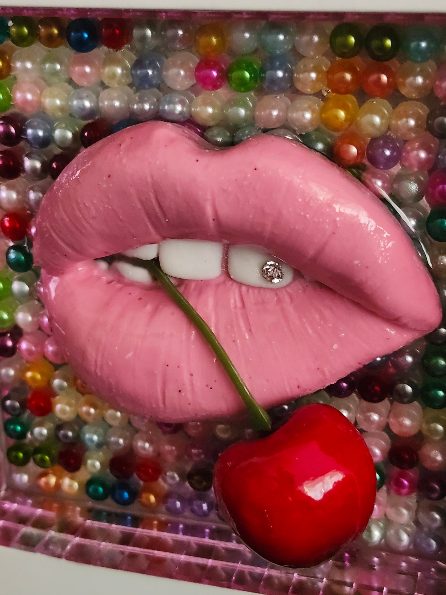 3D Super glossy pink lips & red cherry multi colour background