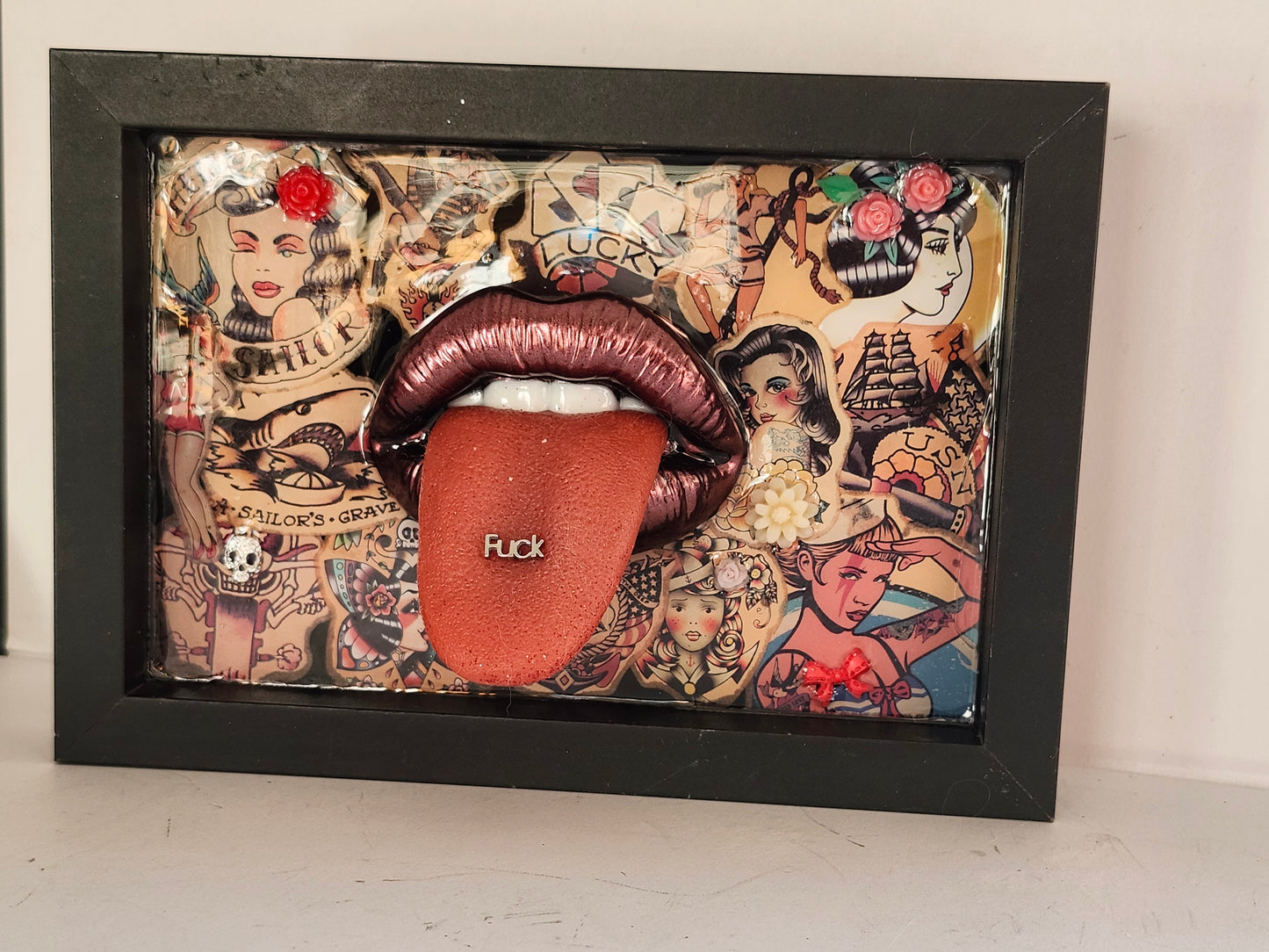 3D Lips Pinup Girl tattoo Lips & Tongue wall art picture framed