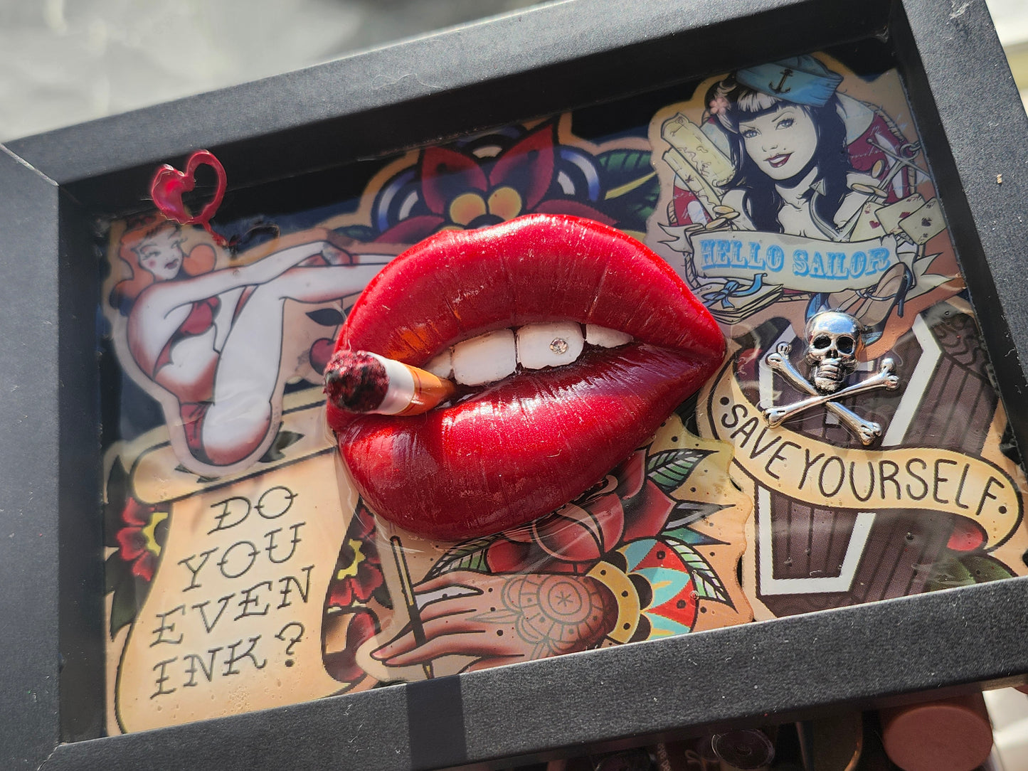 3D Lips Smoking Pinup Girl tattoo Lips & Tongue wall art picture framed