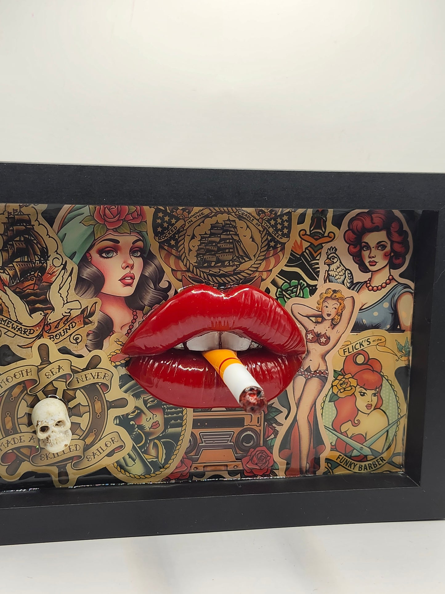 3D Lips Pinup Girl tattoo Lips & Cigarette wall art picture framed