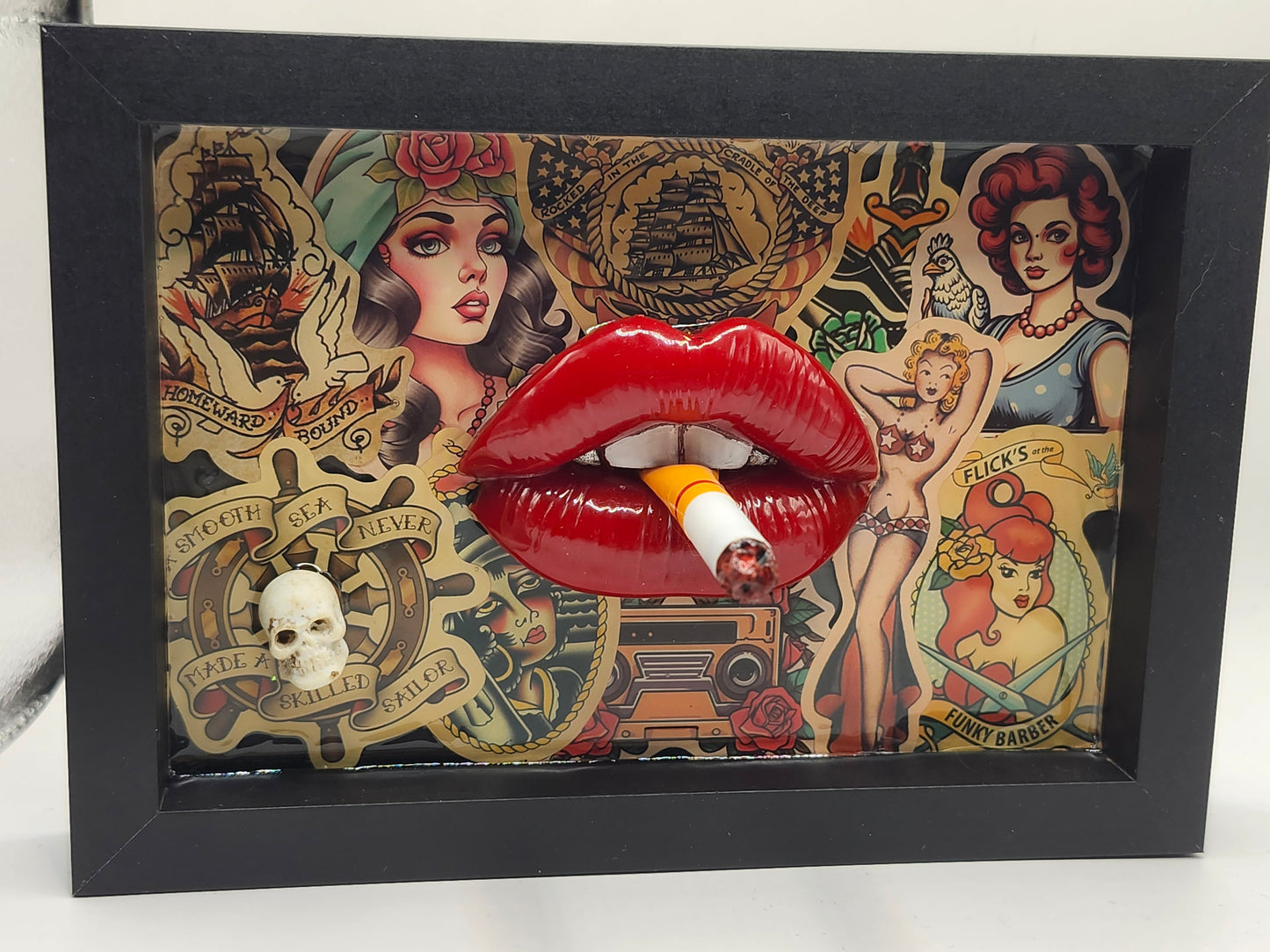3D Lips Pinup Girl tattoo Lips & Cigarette wall art picture framed