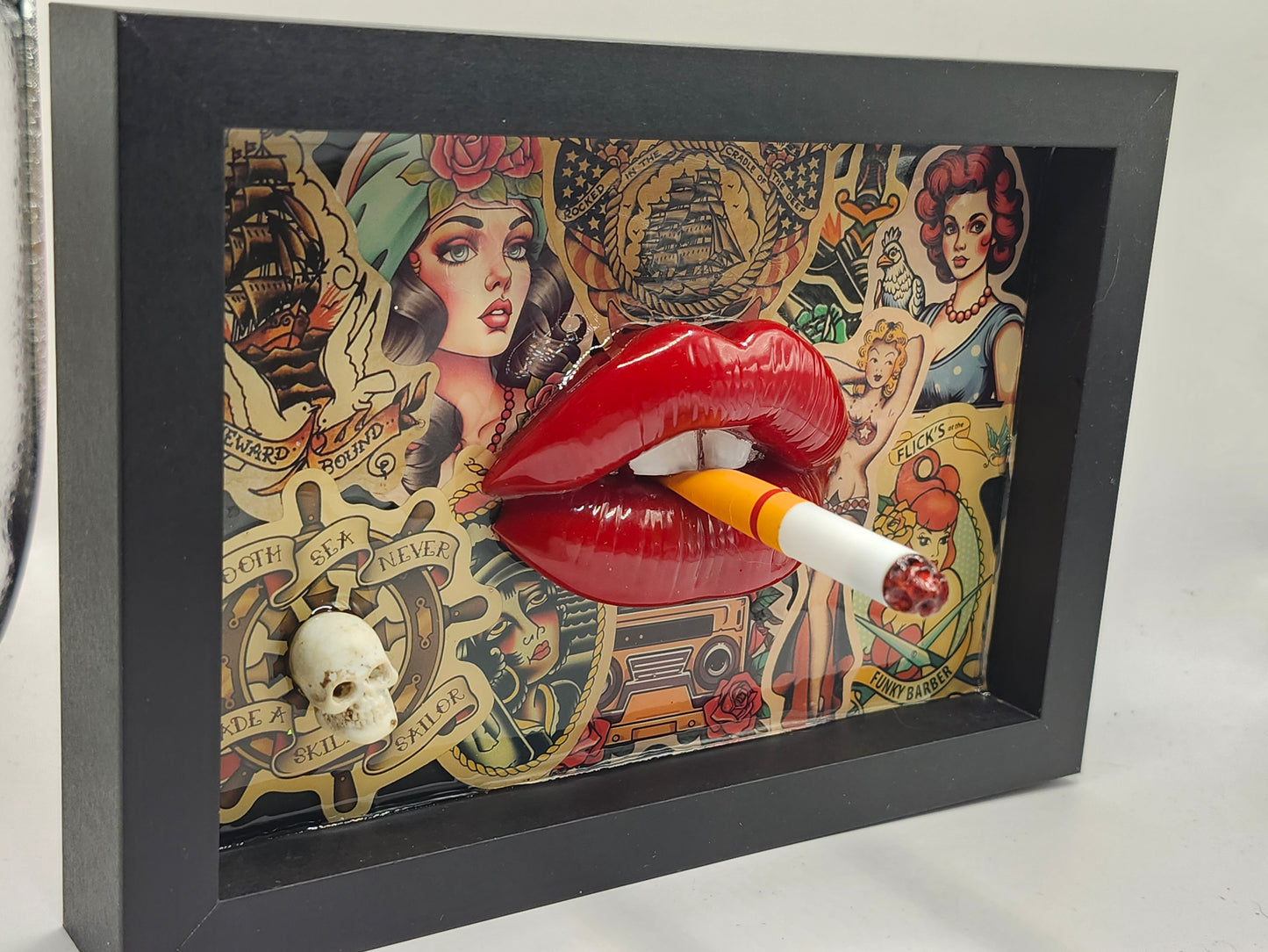 3D Lips Pinup Girl tattoo Lips & Cigarette wall art picture framed