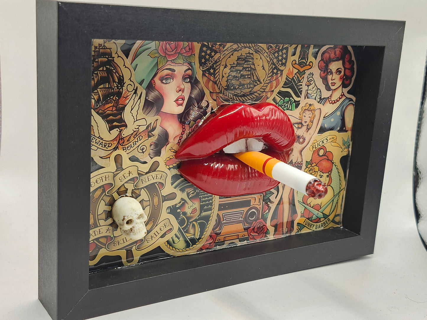 3D Lips Pinup Girl tattoo Lips & Cigarette wall art picture framed