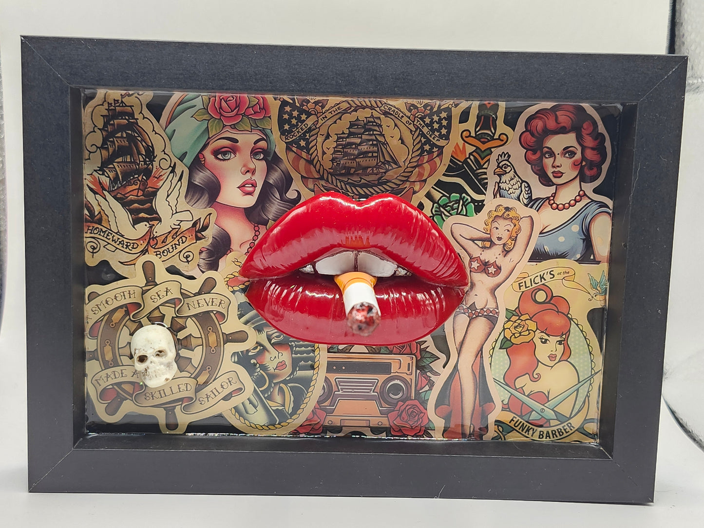 3D Lips Pinup Girl tattoo Lips & Cigarette wall art picture framed