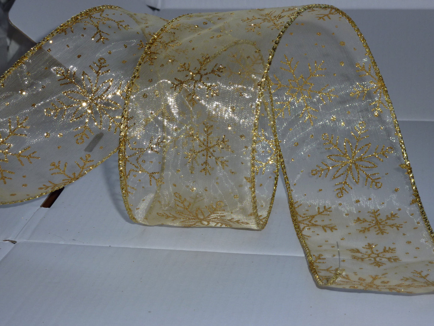Wire Edged Festive Sheer Gold Glitter Snowflake Ribbon 63mm Wide x 1 Metre