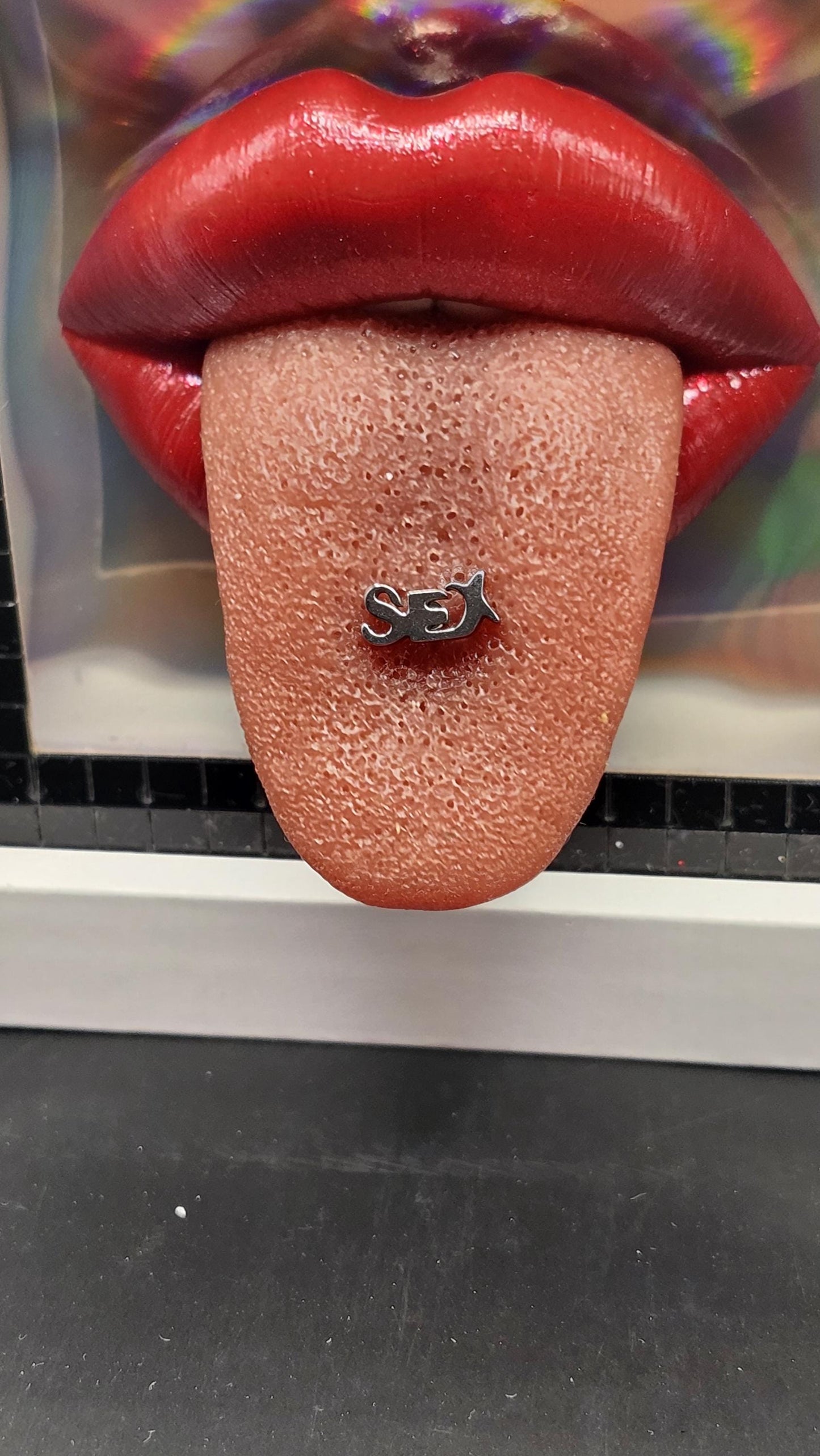 Realistic pierced tongue / lips 3D wall art picture framed
