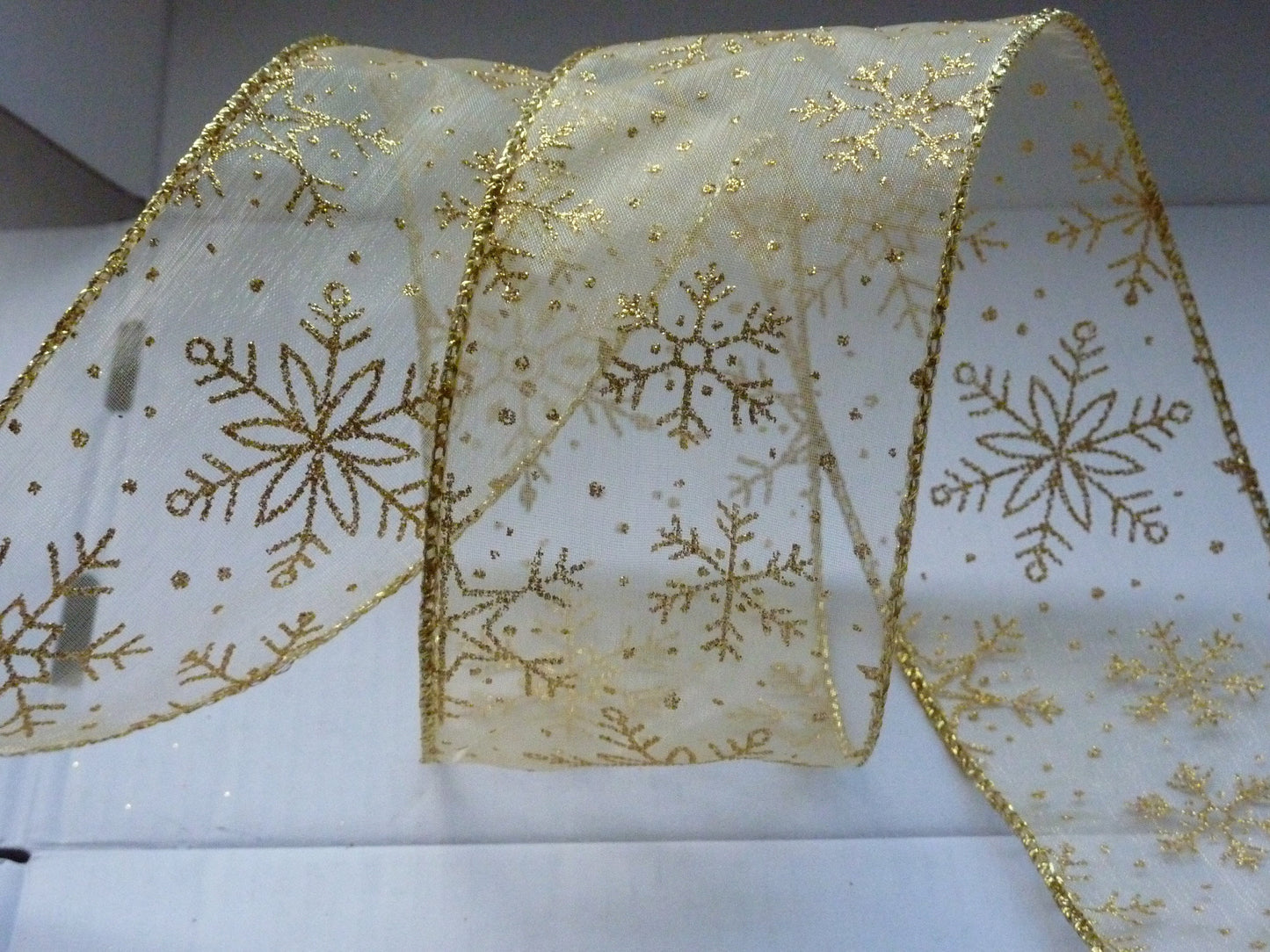 Wire Edged Festive Sheer Gold Glitter Snowflake Ribbon 63mm Wide x 1 Metre