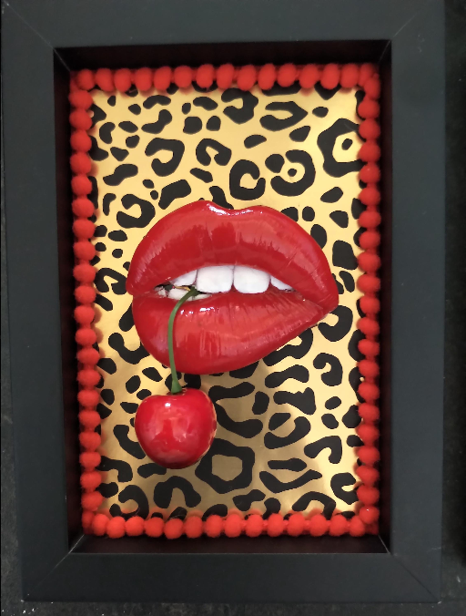 3D Box Framed Pop Art Cherry Red Lips & Gold Leopard Picture