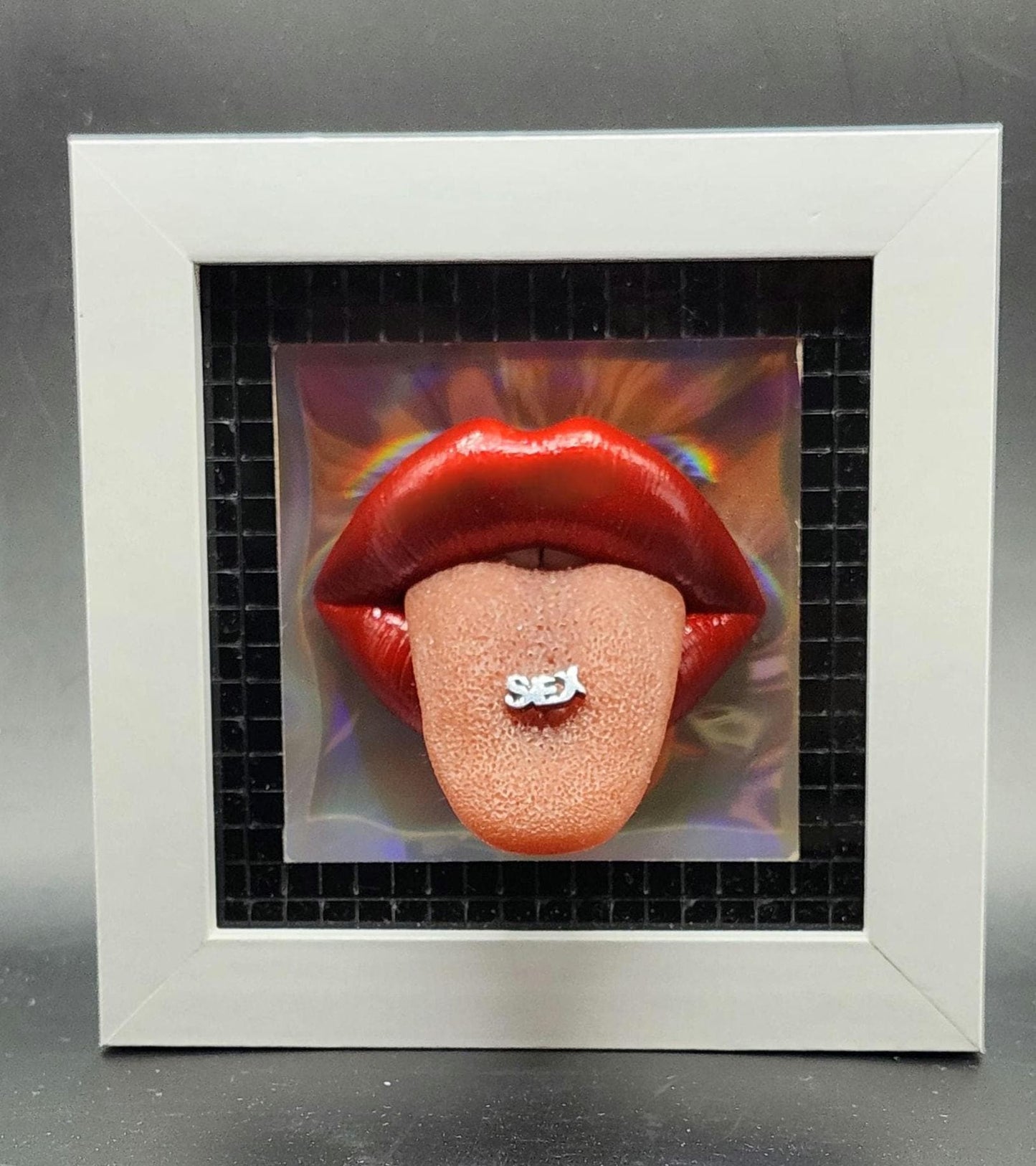 Realistic pierced tongue / lips 3D wall art picture framed