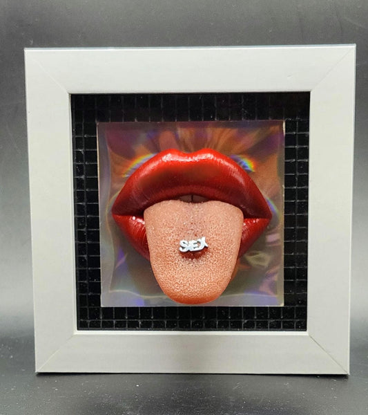 Realistic pierced tongue / lips 3D wall art picture framed