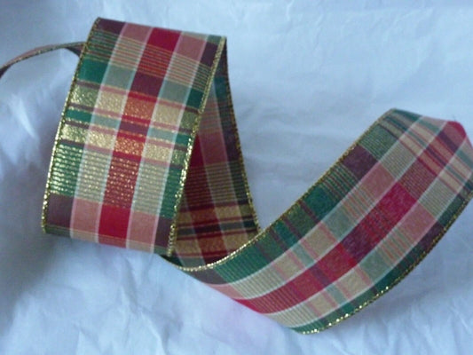 Wire Edged Festive Red multi Tartan Wire Edged Ribbon 63mm Wide x 1 Metre