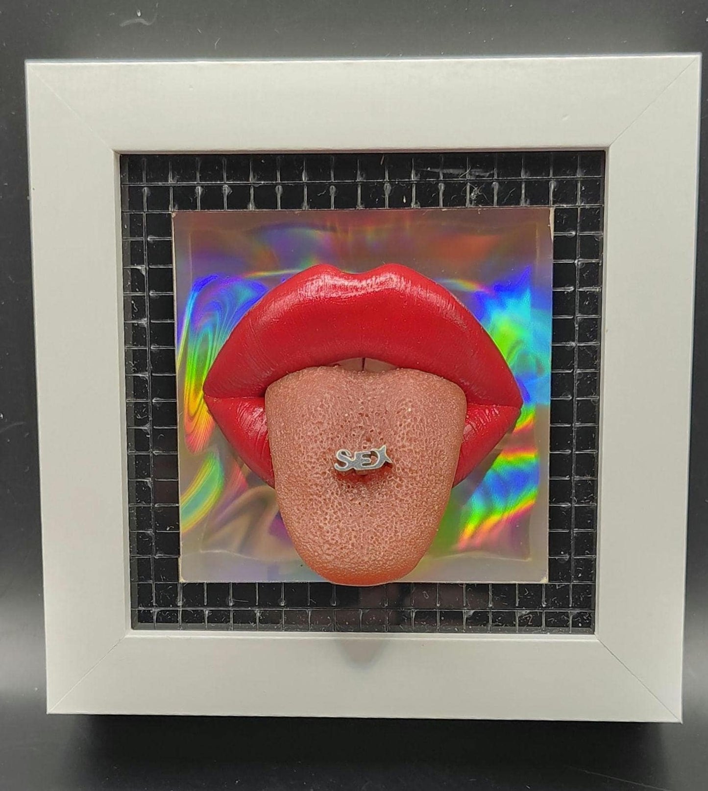 Realistic pierced tongue / lips 3D wall art picture framed