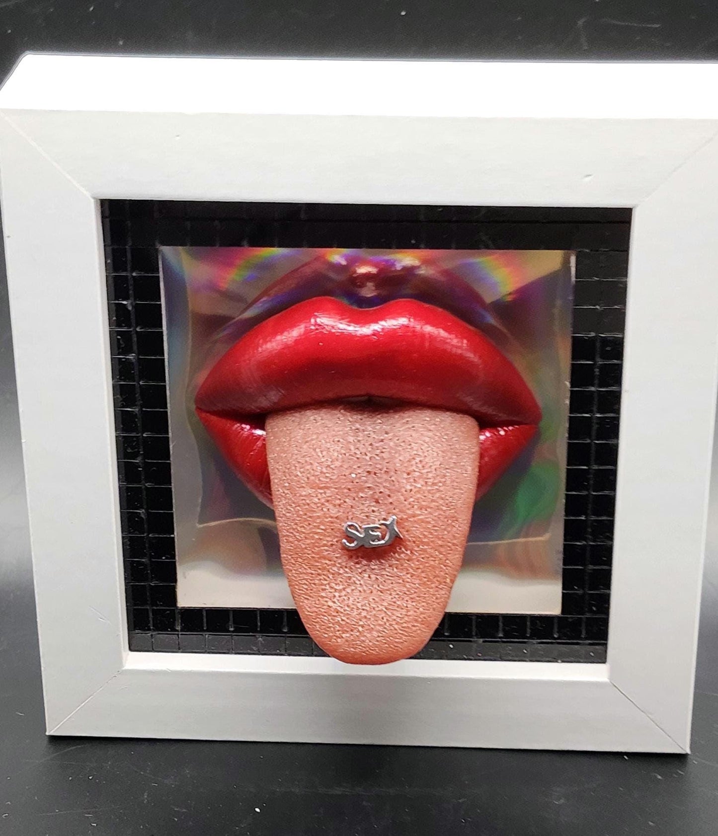 Realistic pierced tongue / lips 3D wall art picture framed