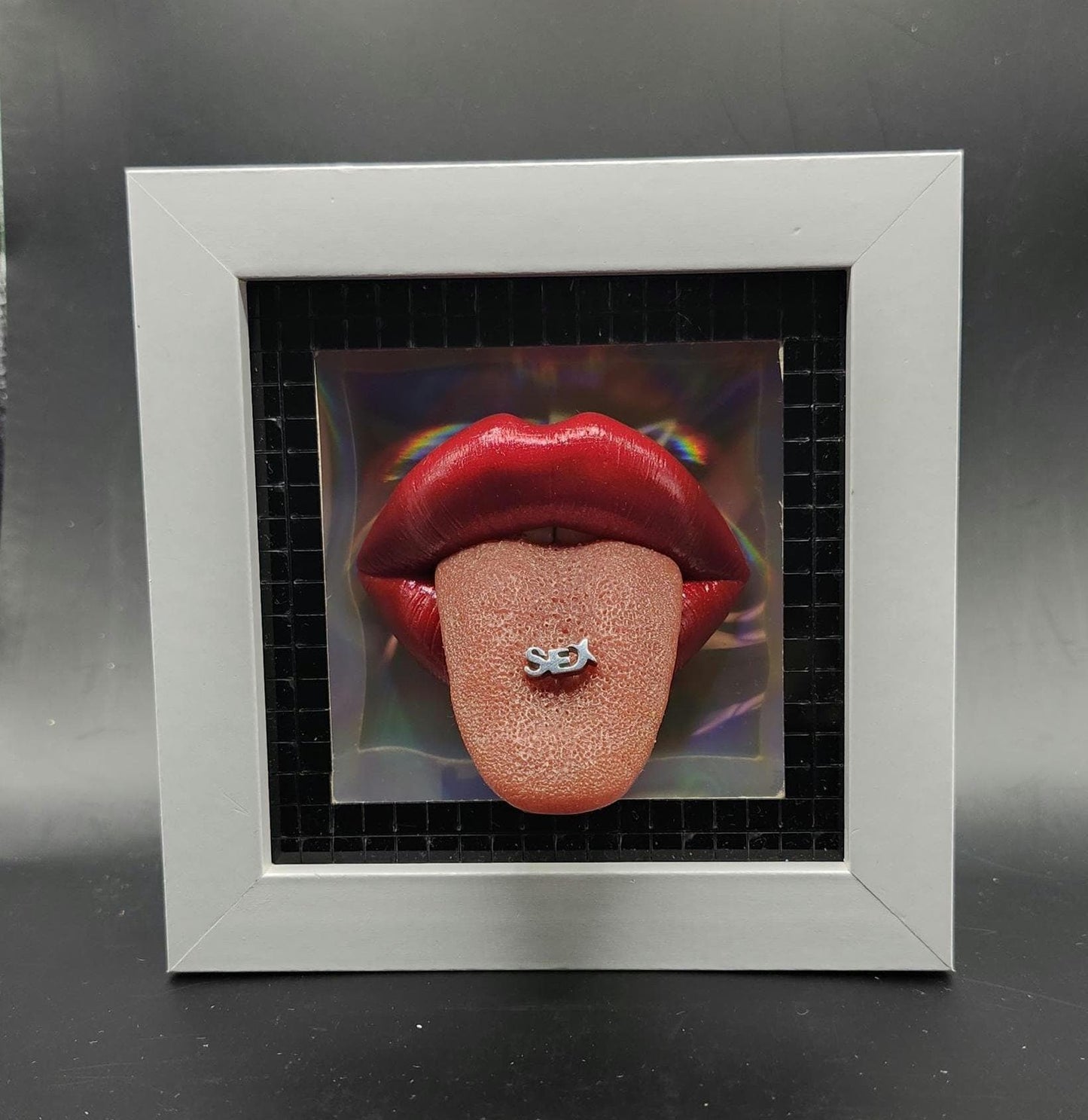 Realistic pierced tongue / lips 3D wall art picture framed