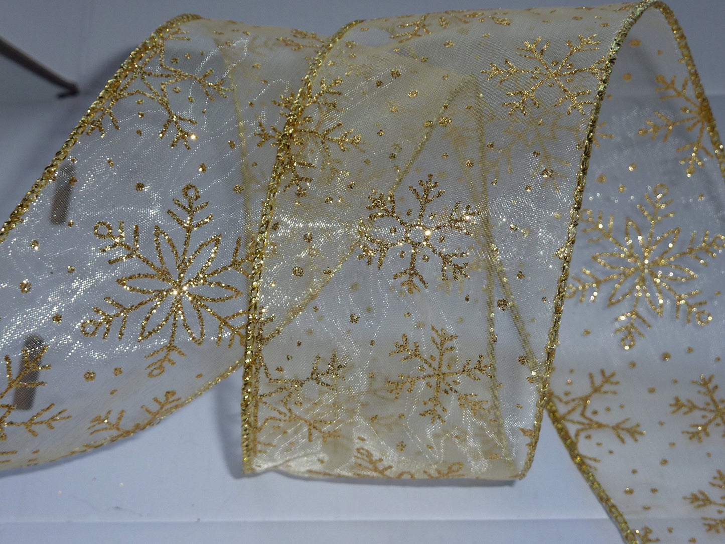 Wire Edged Festive Sheer Gold Glitter Snowflake Ribbon 63mm Wide x 1 Metre