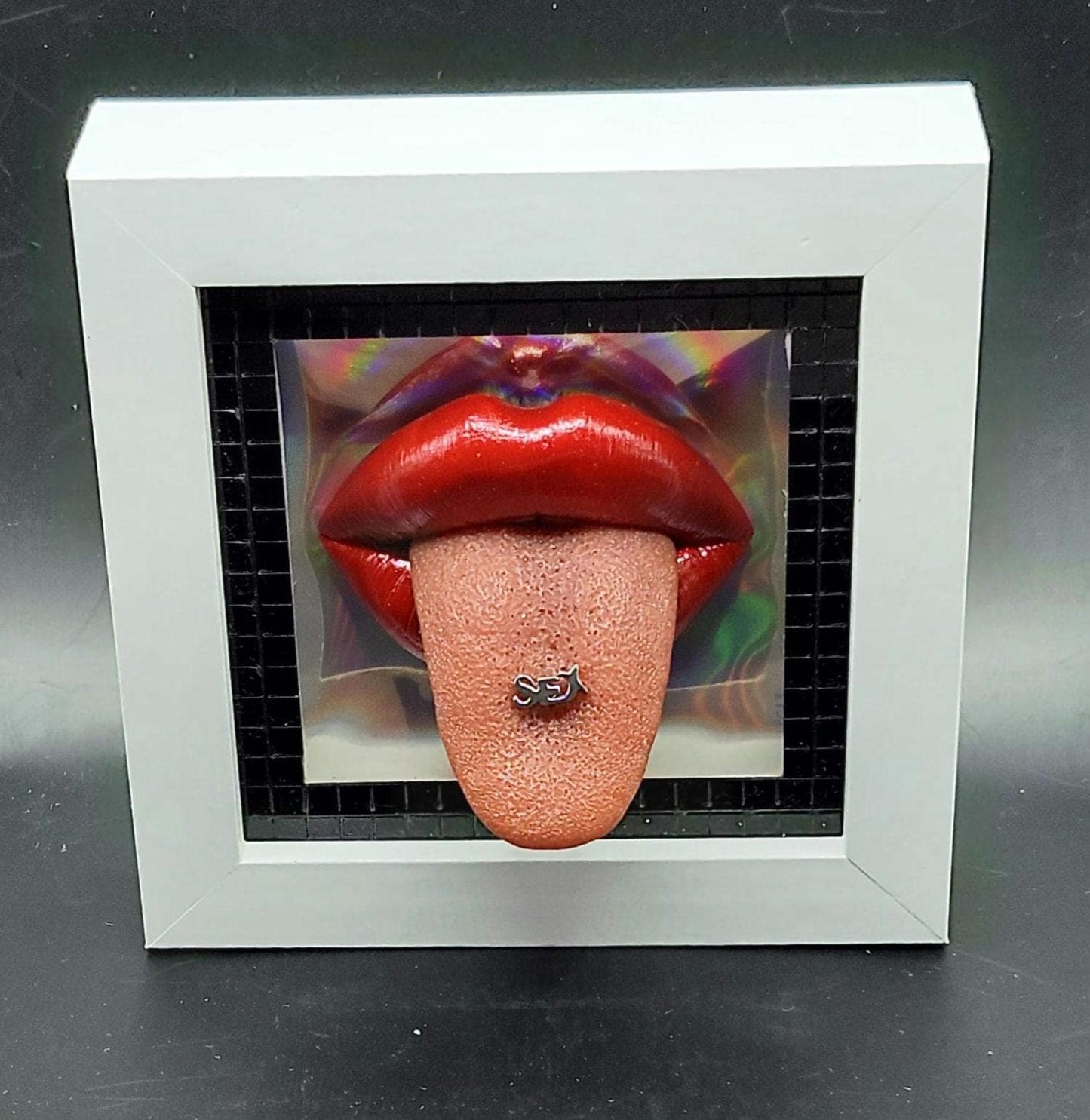 Realistic pierced tongue / lips 3D wall art picture framed
