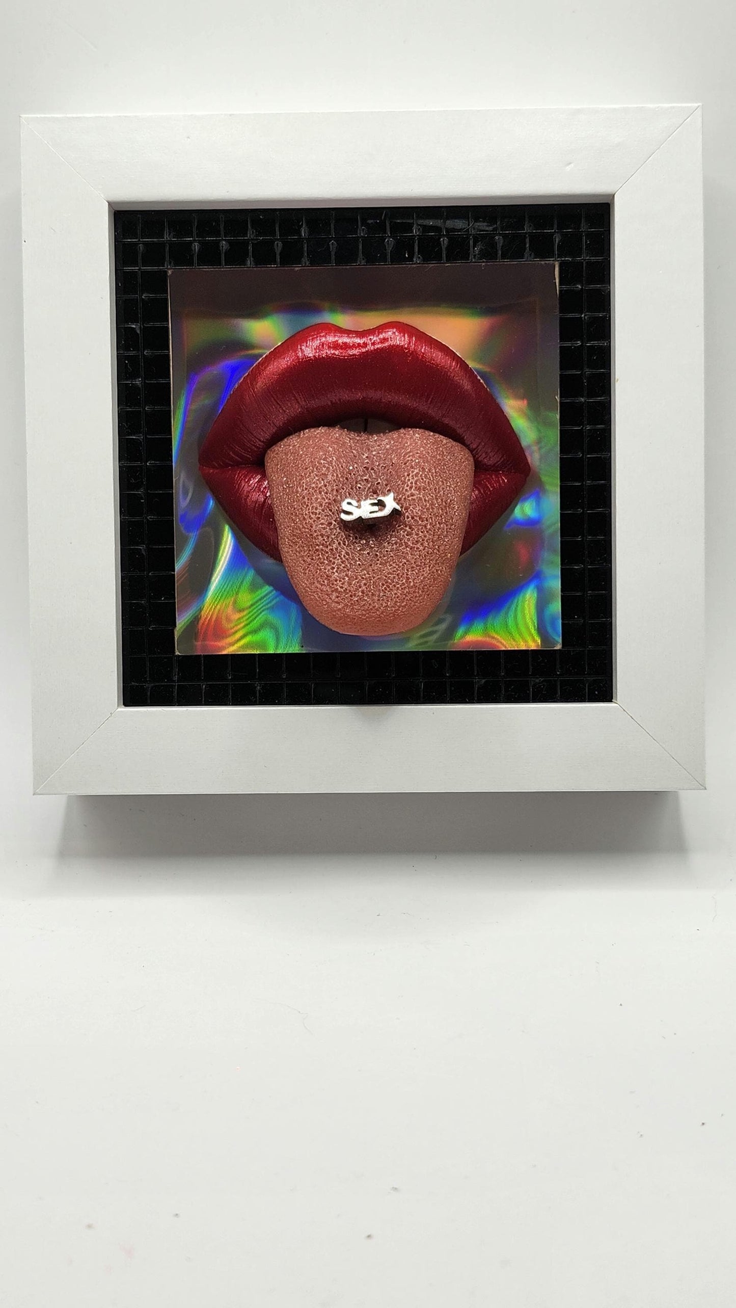 Realistic pierced tongue / lips 3D wall art picture framed