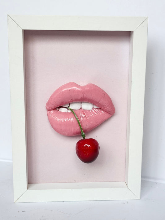3D Box Framed Pop Art Cherry Pink Lips Picture Pink