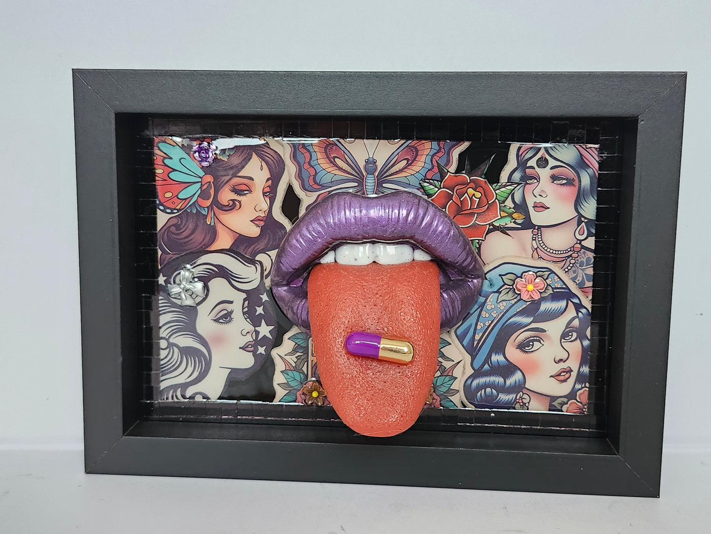3D Lips / Tongue Pinup Girl tattoo Lips & Tongue  wall art picture framed