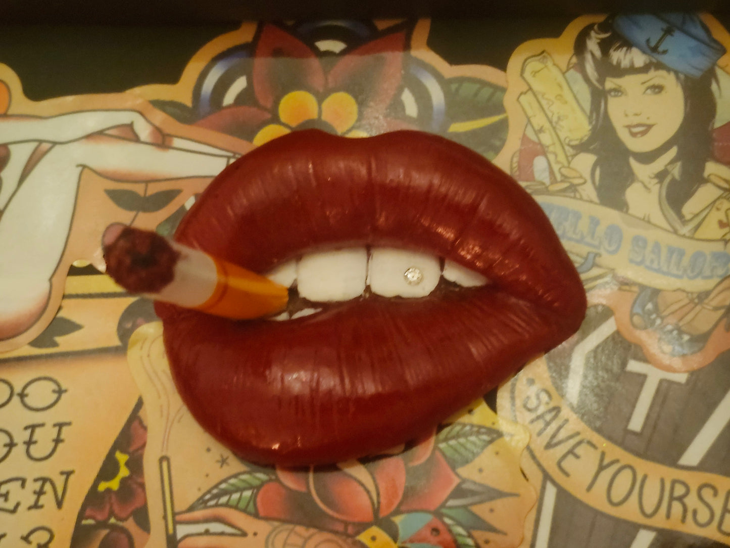 3D Lips Smoking Pinup Girl tattoo Lips & Tongue  wall art picture framed