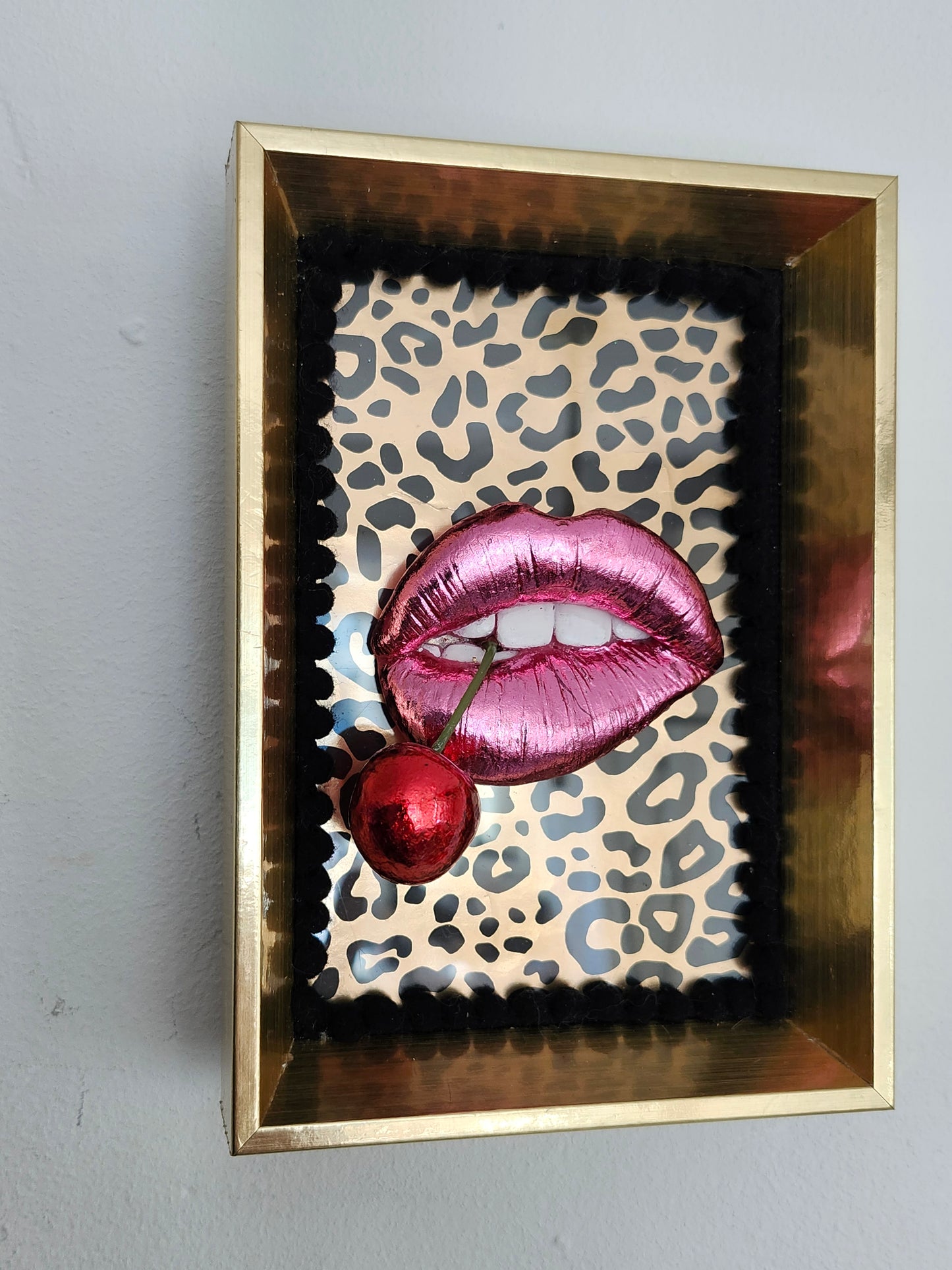 Super glossy pink lips & red cherry gold framed picture