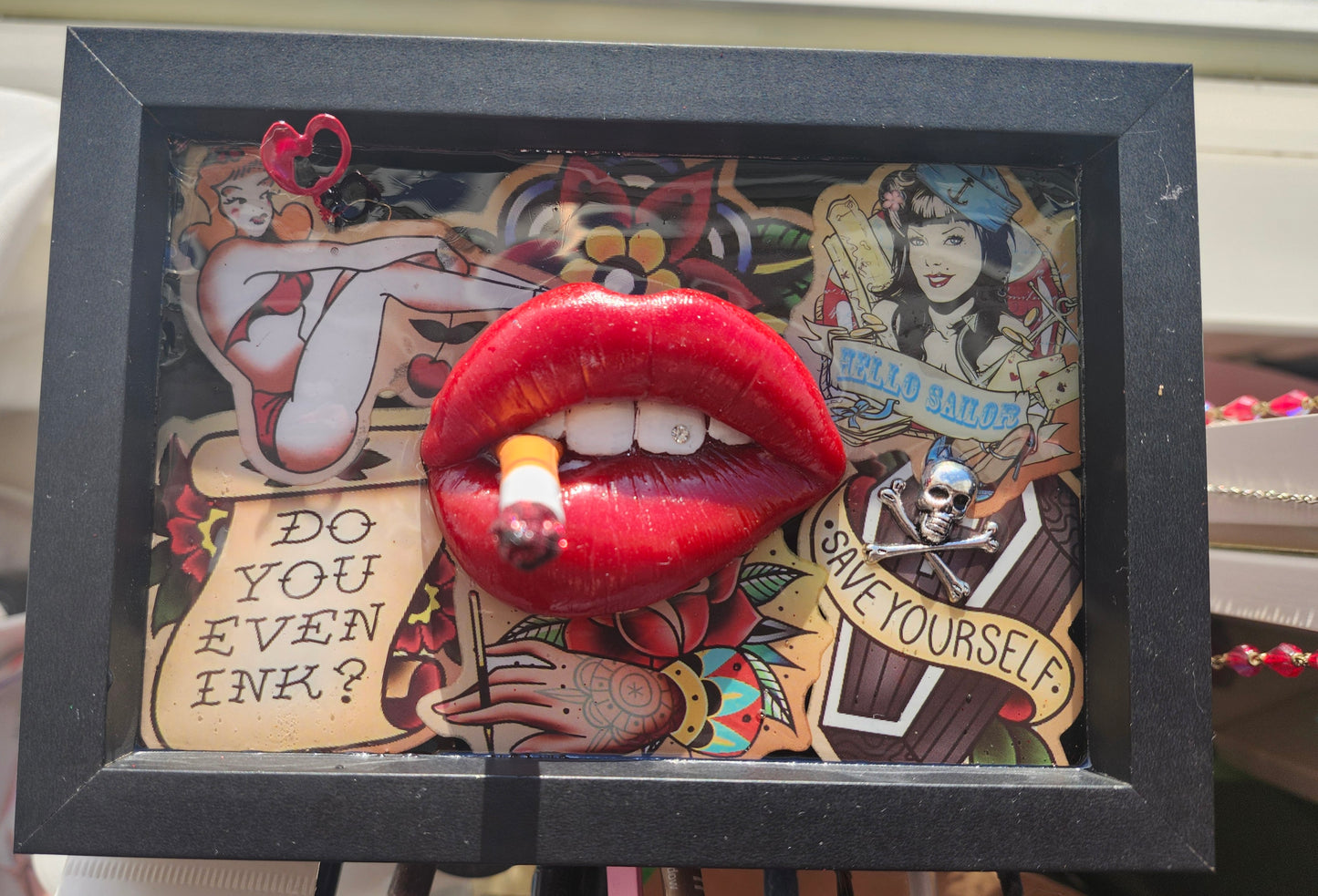 3D Lips Smoking Pinup Girl tattoo Lips & Tongue  wall art picture framed
