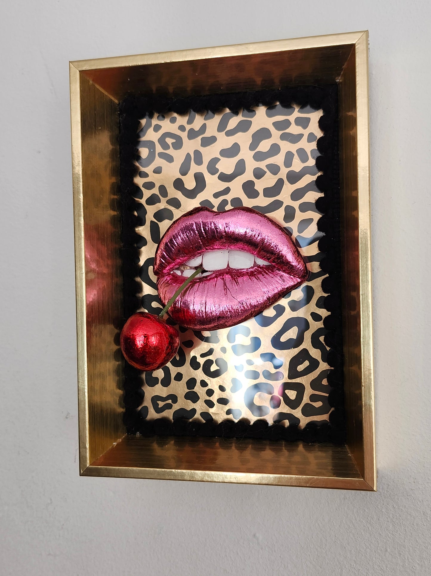 Super glossy pink lips & red cherry gold framed picture