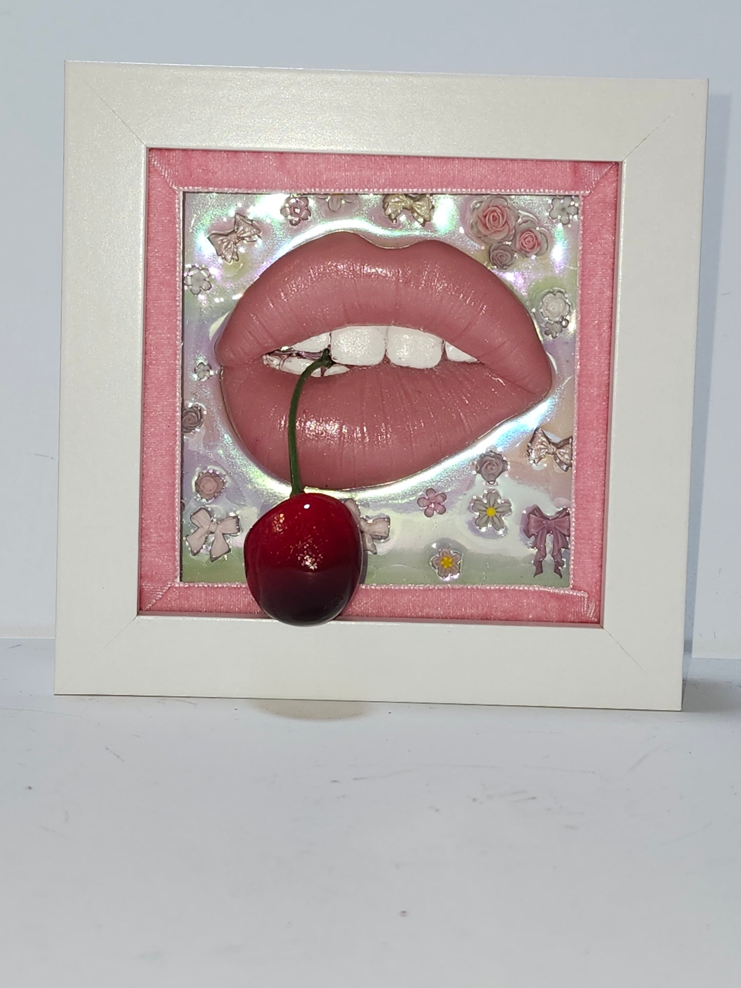 3D Box Framed Pop Art Girlie Cherry Lips Picture