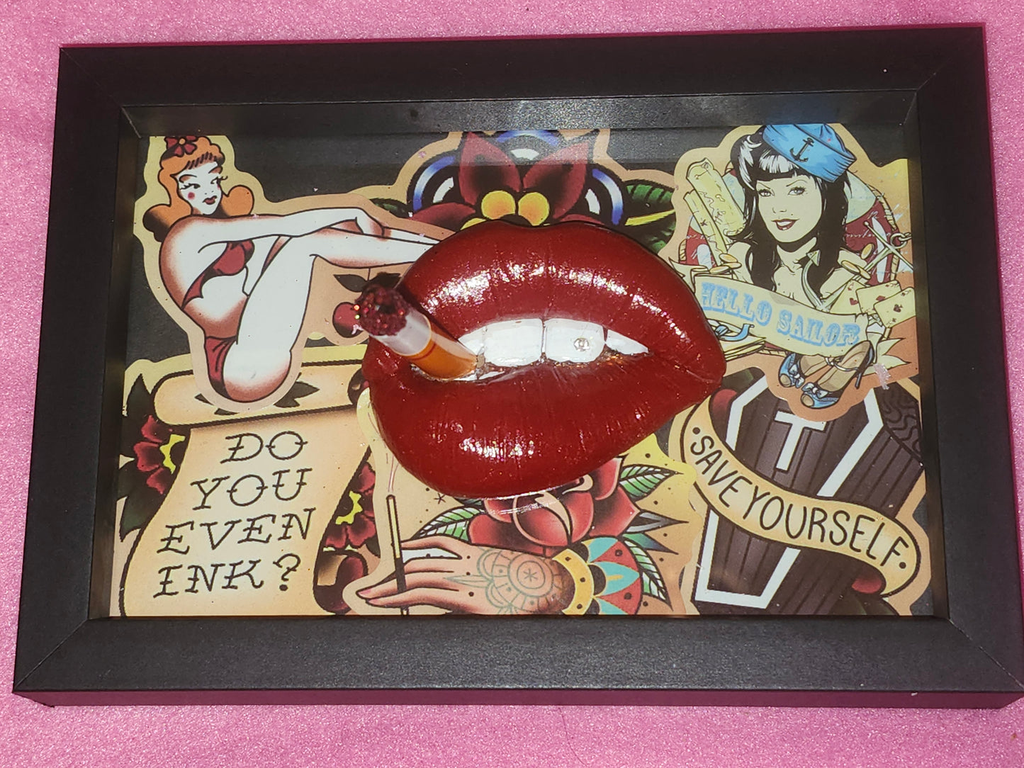 3D Lips Smoking Pinup Girl tattoo Lips & Tongue  wall art picture framed