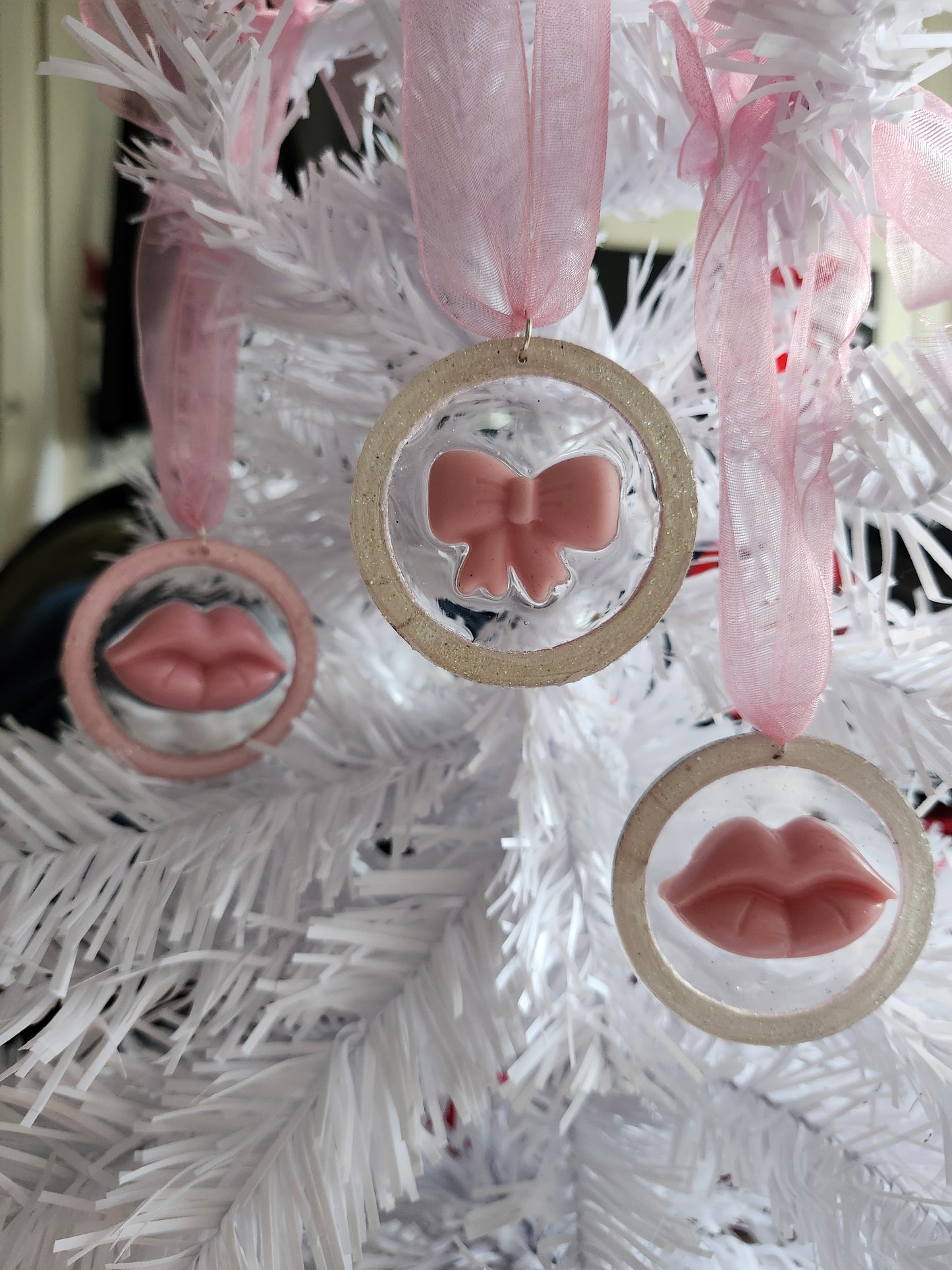 Set of 3 Hanging Lips & bow Christmas Tree Ornaments
