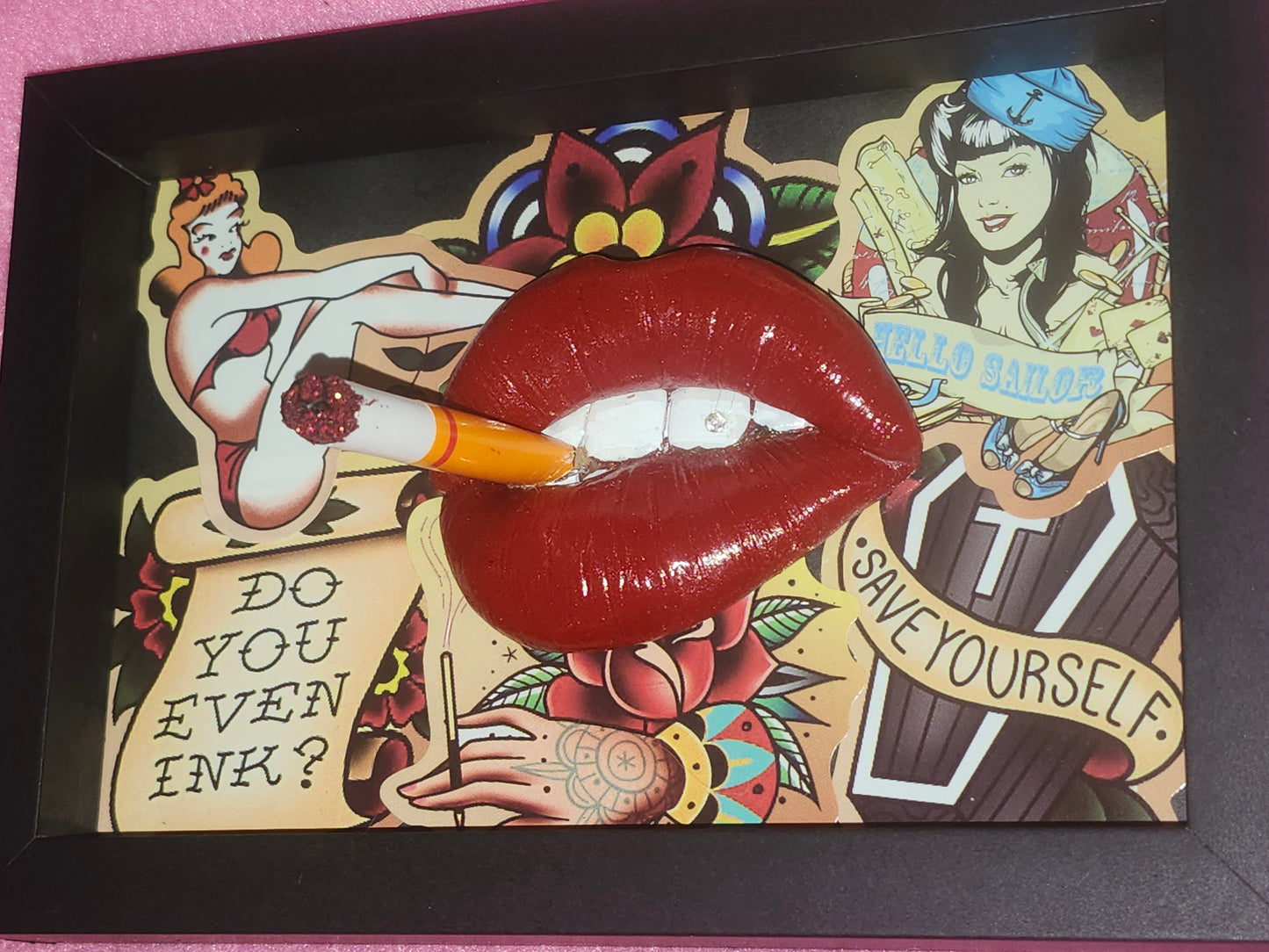 3D Lips Smoking Pinup Girl tattoo Lips & Tongue  wall art picture framed