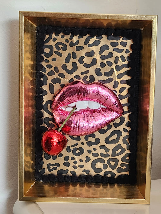 Super glossy pink lips & red cherry gold framed picture