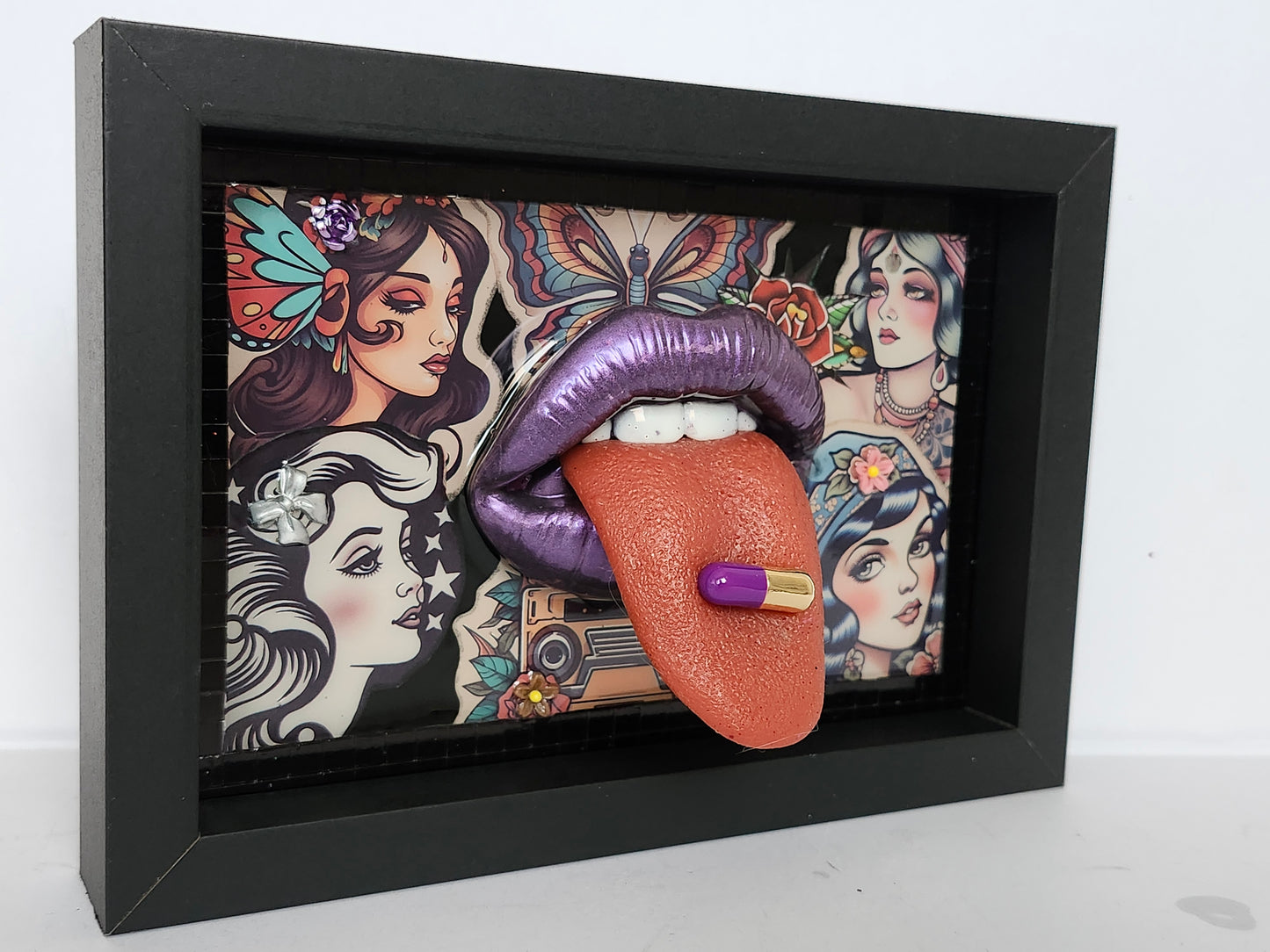 3D Lips / Tongue Pinup Girl tattoo Lips & Tongue  wall art picture framed