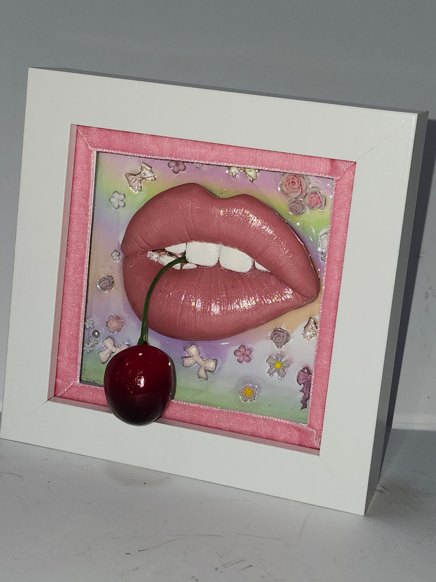 3D Box Framed Pop Art Girlie Cherry Lips Picture