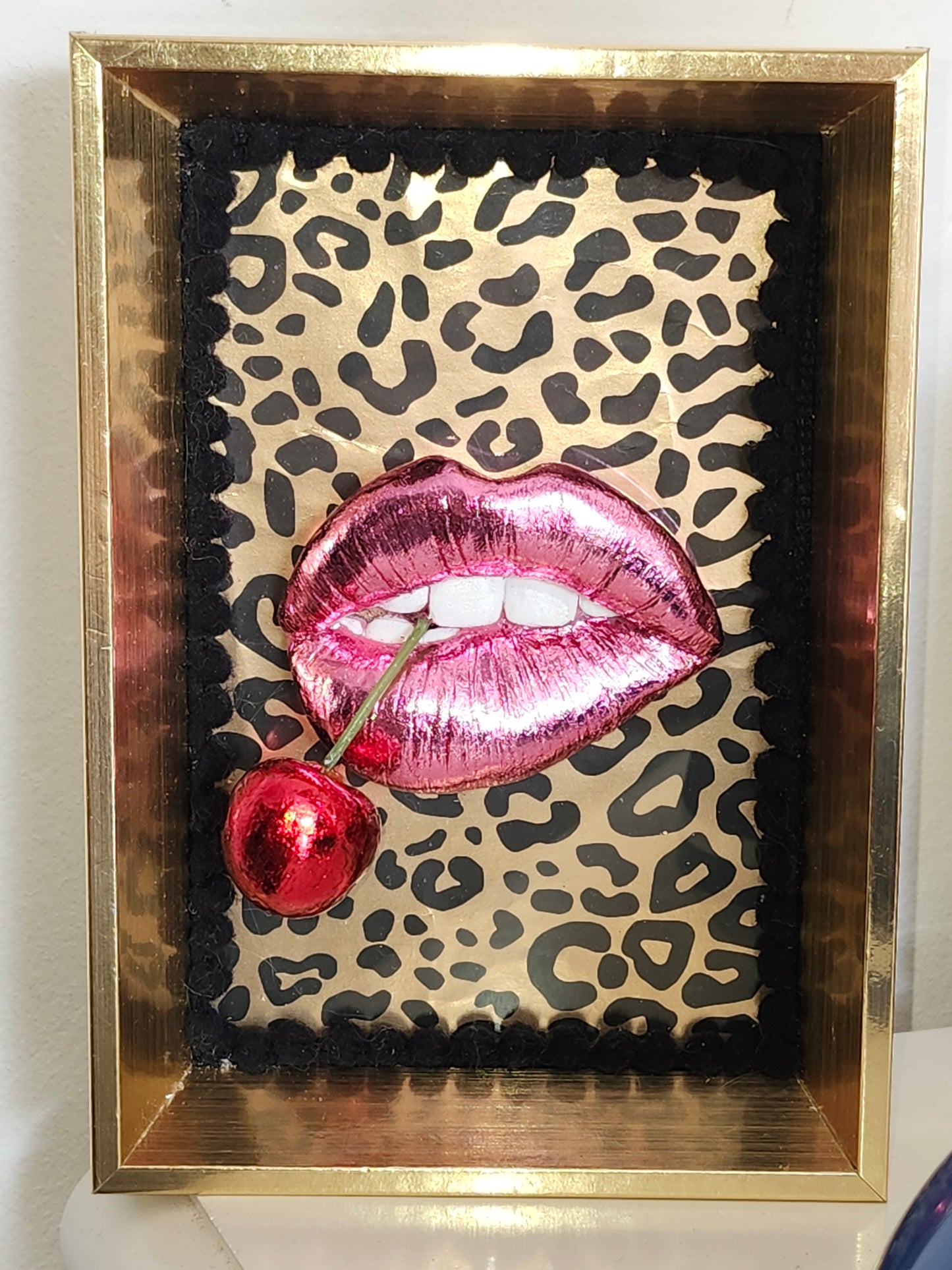 Super glossy pink lips & red cherry gold framed picture