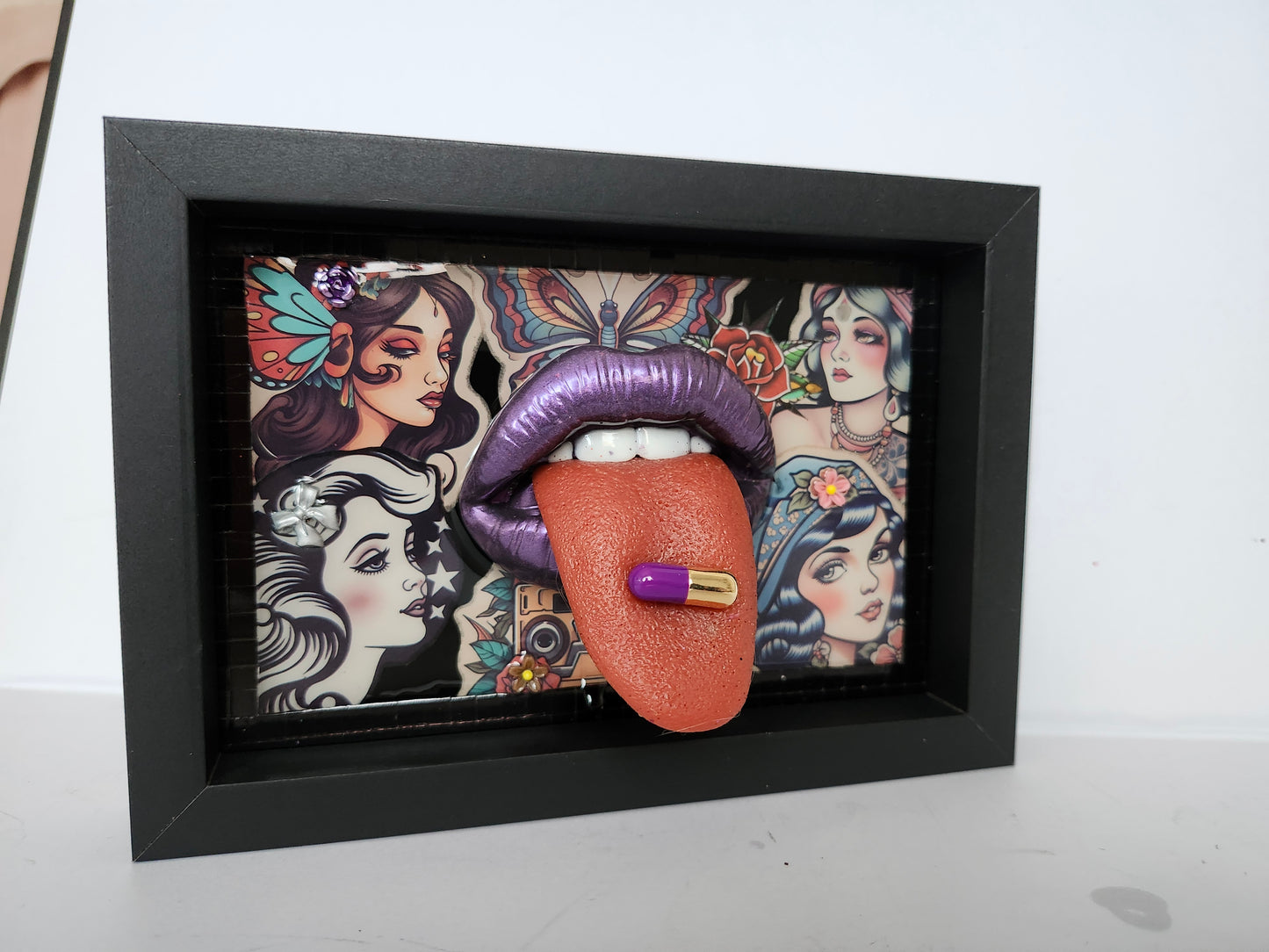3D Lips / Tongue Pinup Girl tattoo Lips & Tongue  wall art picture framed