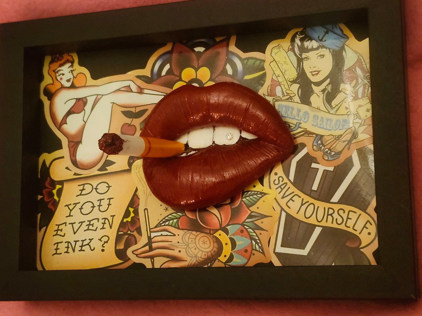 3D Lips Smoking Pinup Girl tattoo Lips & Tongue  wall art picture framed