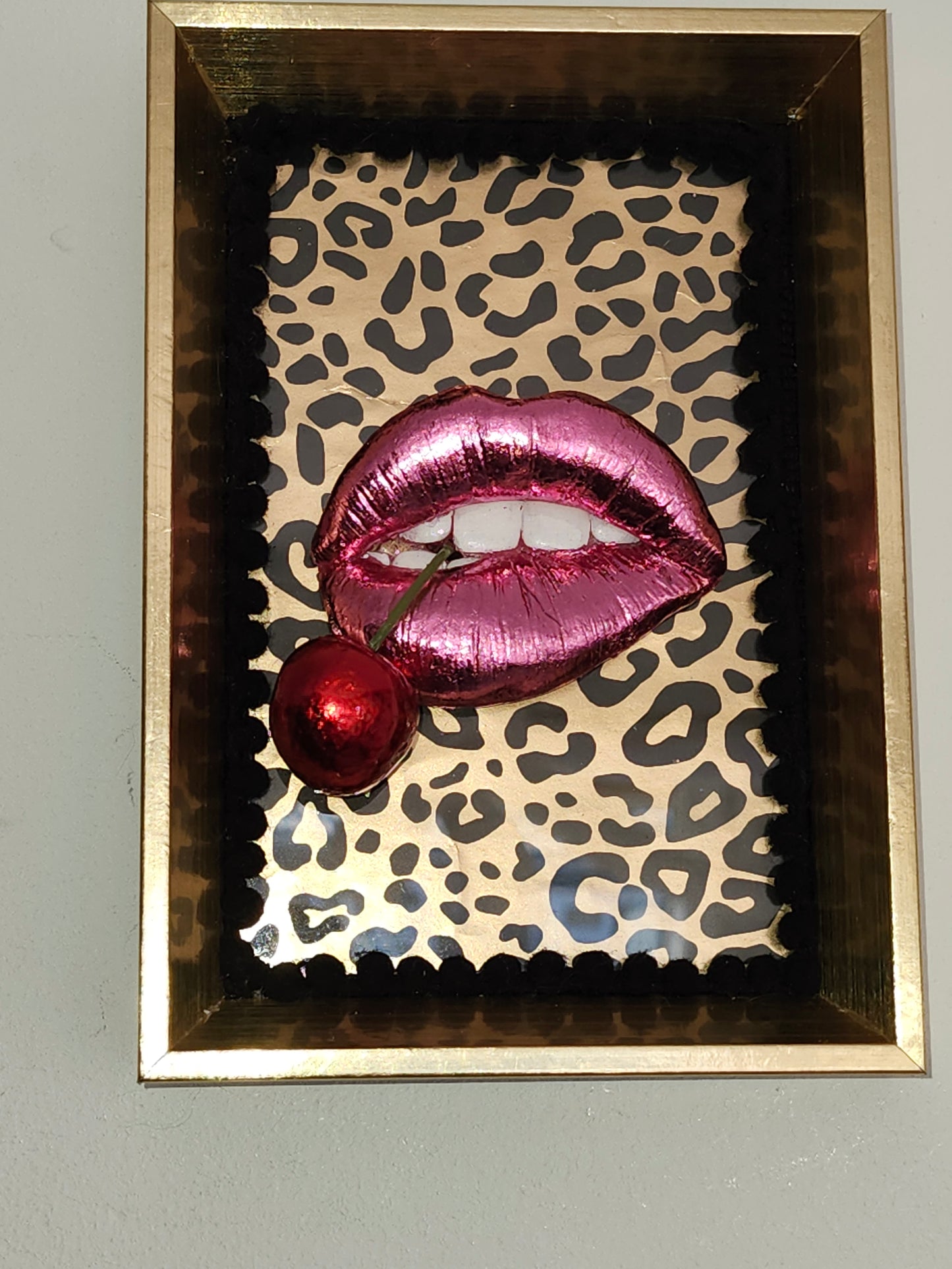 Super glossy pink lips & red cherry gold framed picture