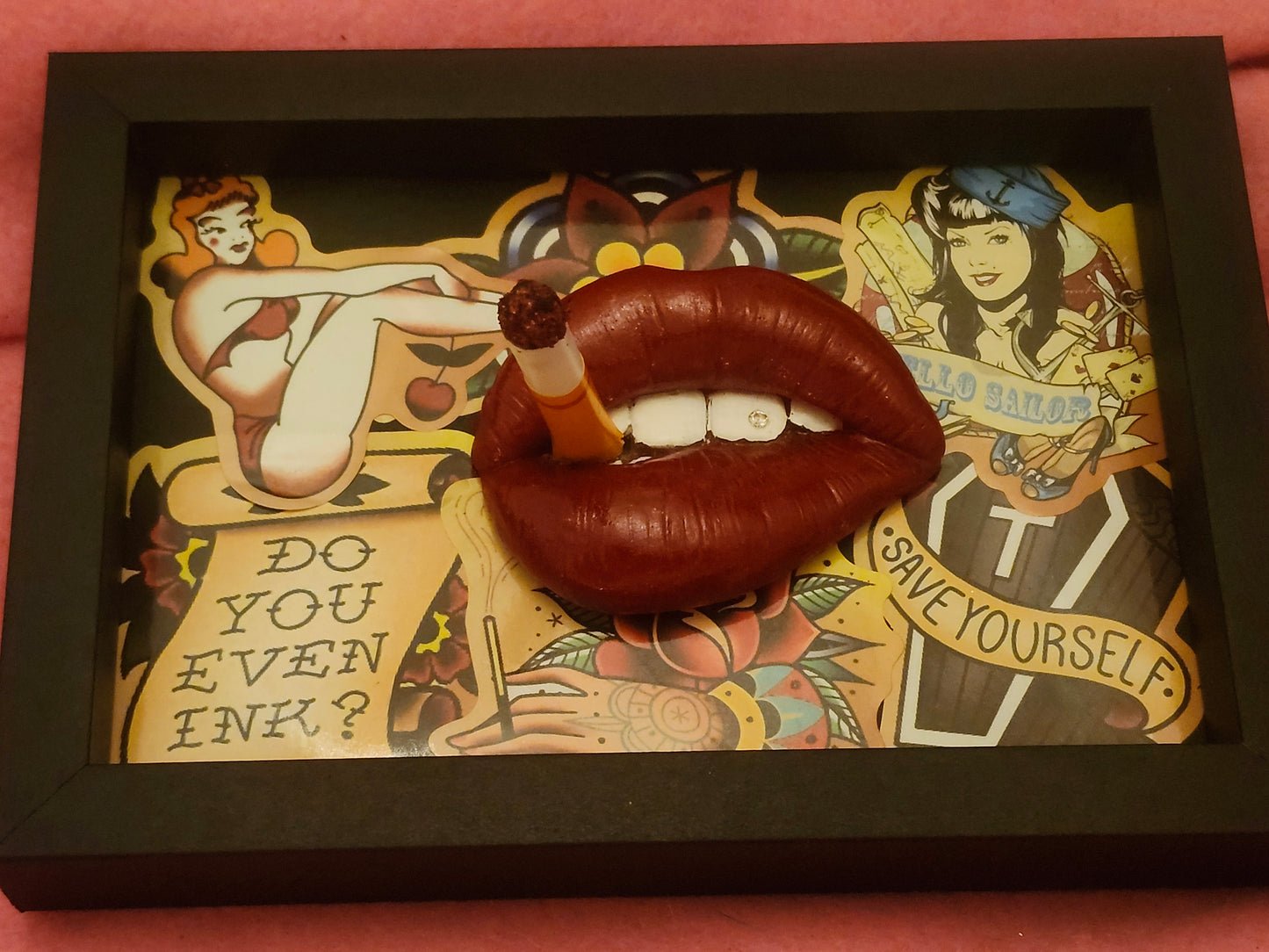 3D Lips Smoking Pinup Girl tattoo Lips & Tongue  wall art picture framed