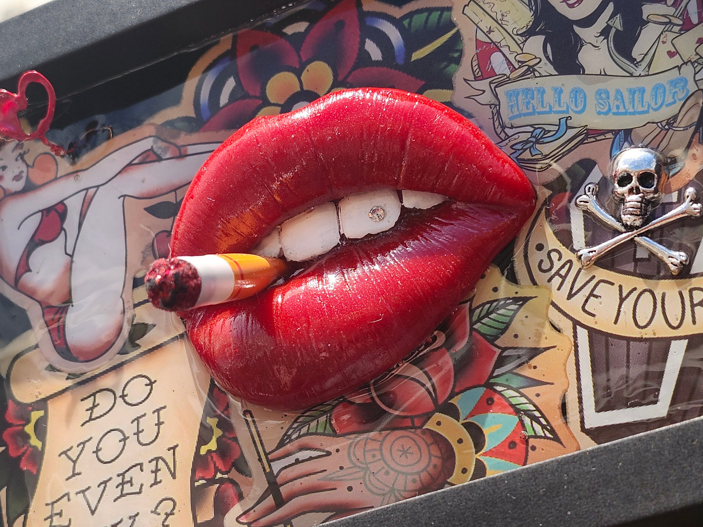 3D Lips Smoking Pinup Girl tattoo Lips & Tongue  wall art picture framed