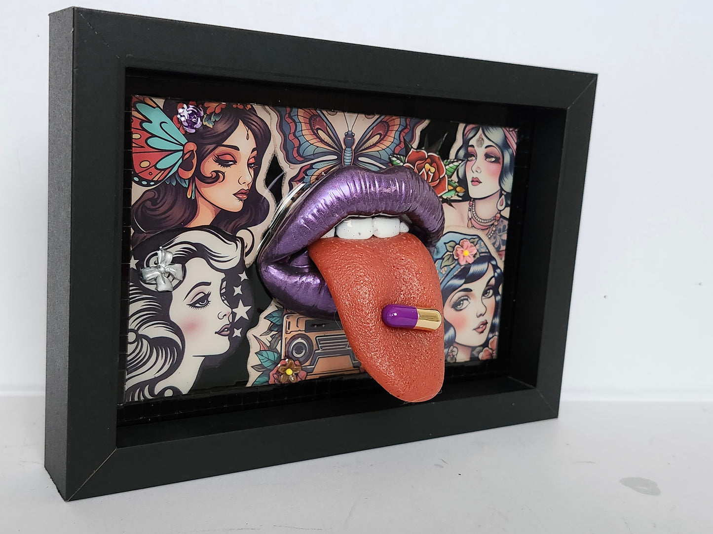 3D Lips / Tongue Pinup Girl tattoo Lips & Tongue  wall art picture framed