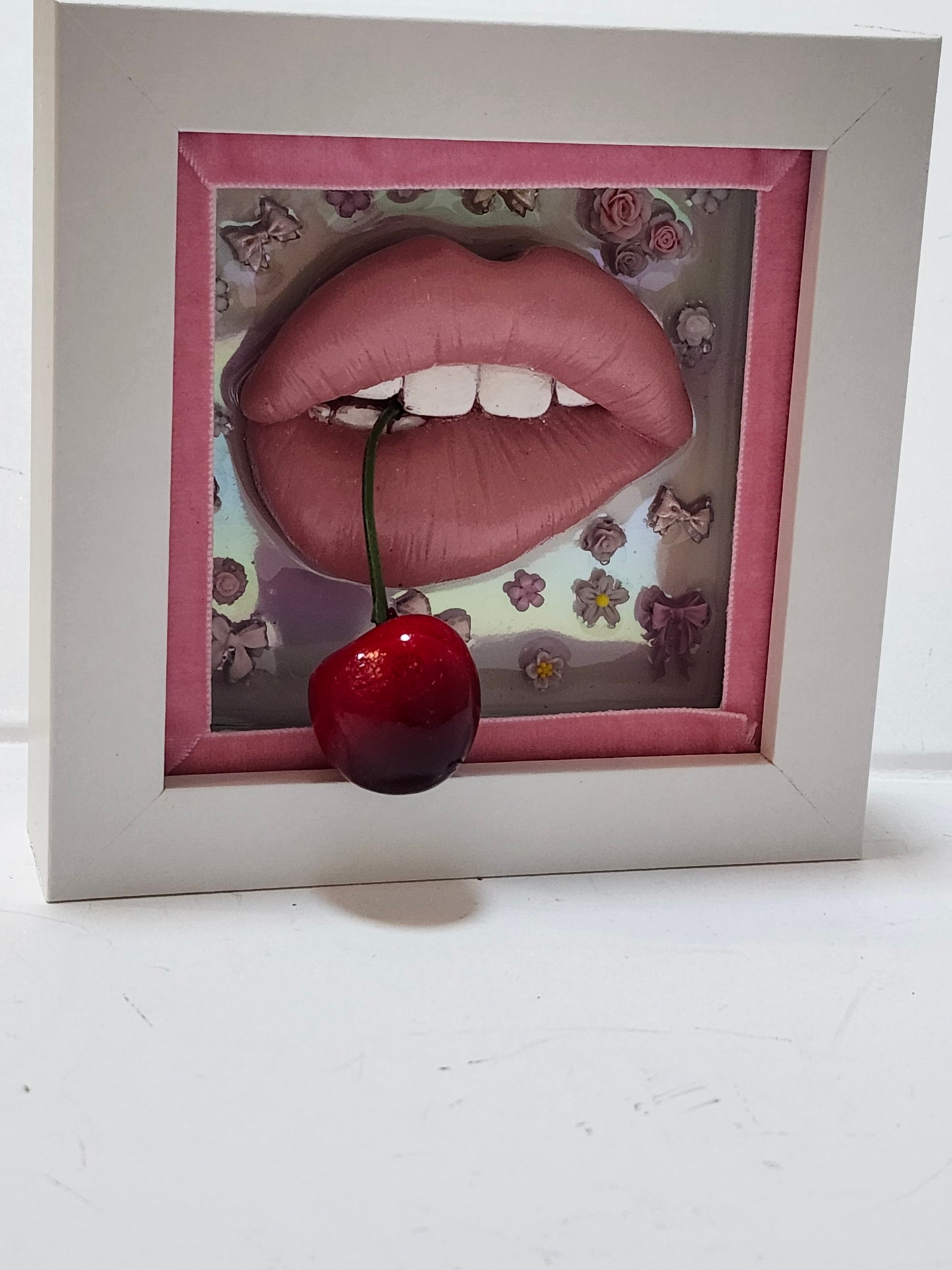 3D Box Framed Pop Art Girlie Cherry Lips Picture