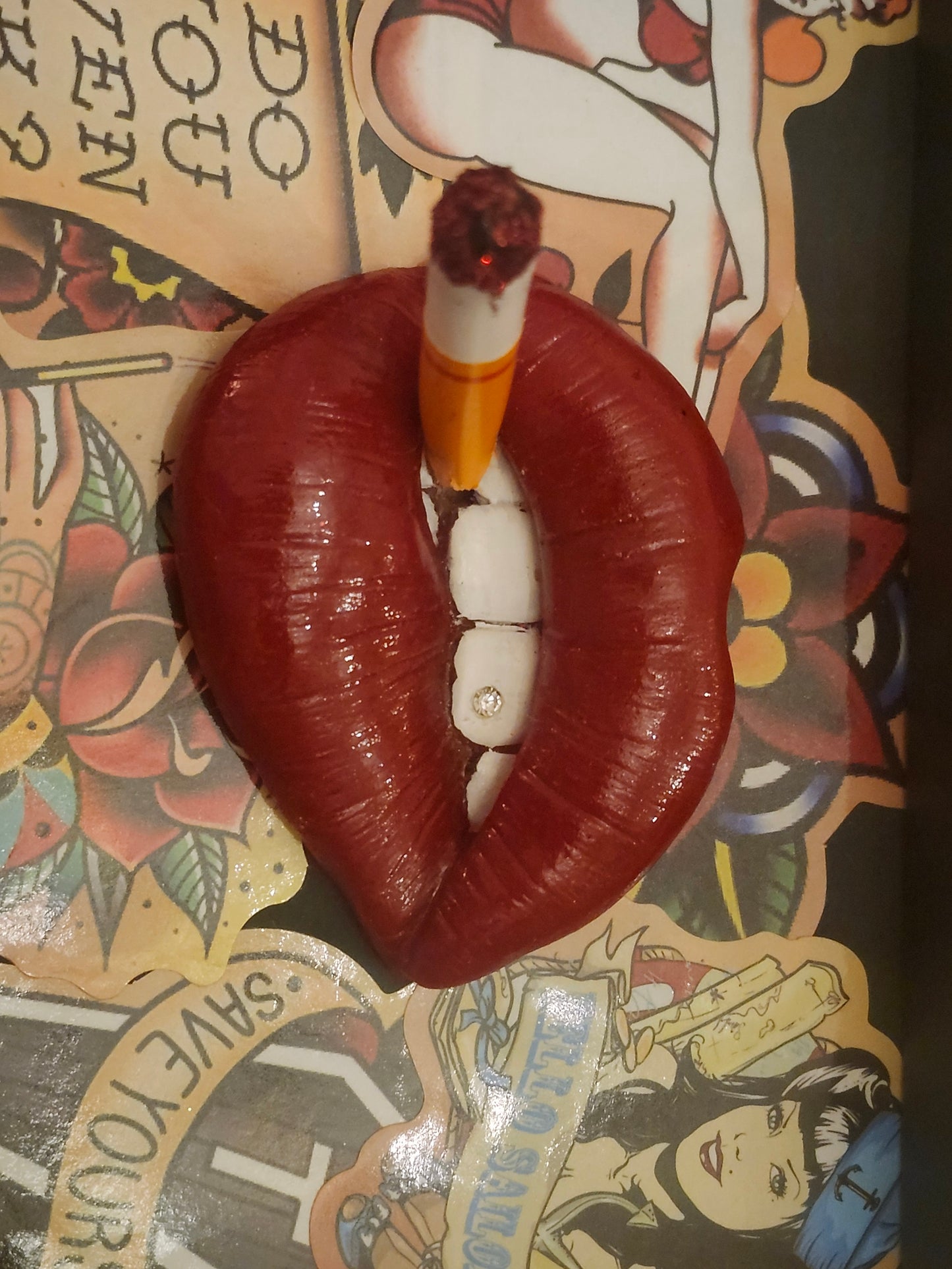3D Lips Smoking Pinup Girl tattoo Lips & Tongue  wall art picture framed