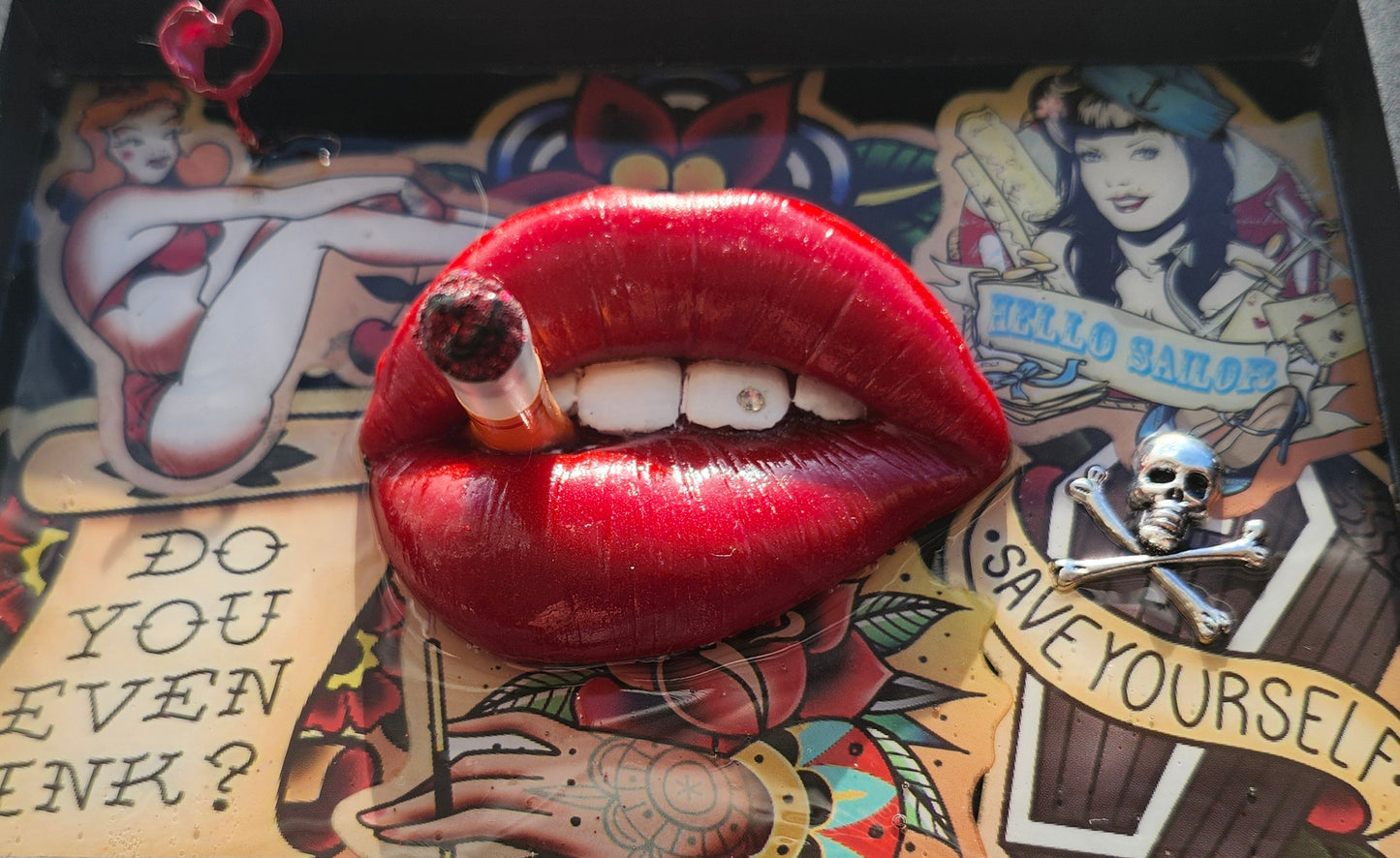 3D Lips Smoking Pinup Girl tattoo Lips & Tongue  wall art picture framed