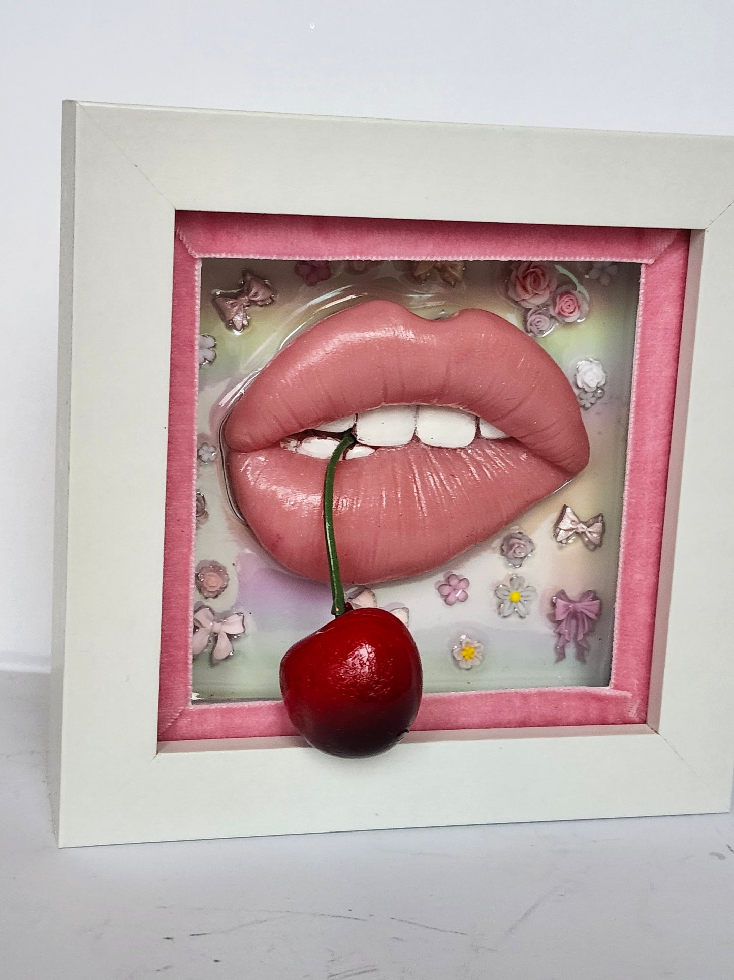 3D Box Framed Pop Art Girlie Cherry Lips Picture